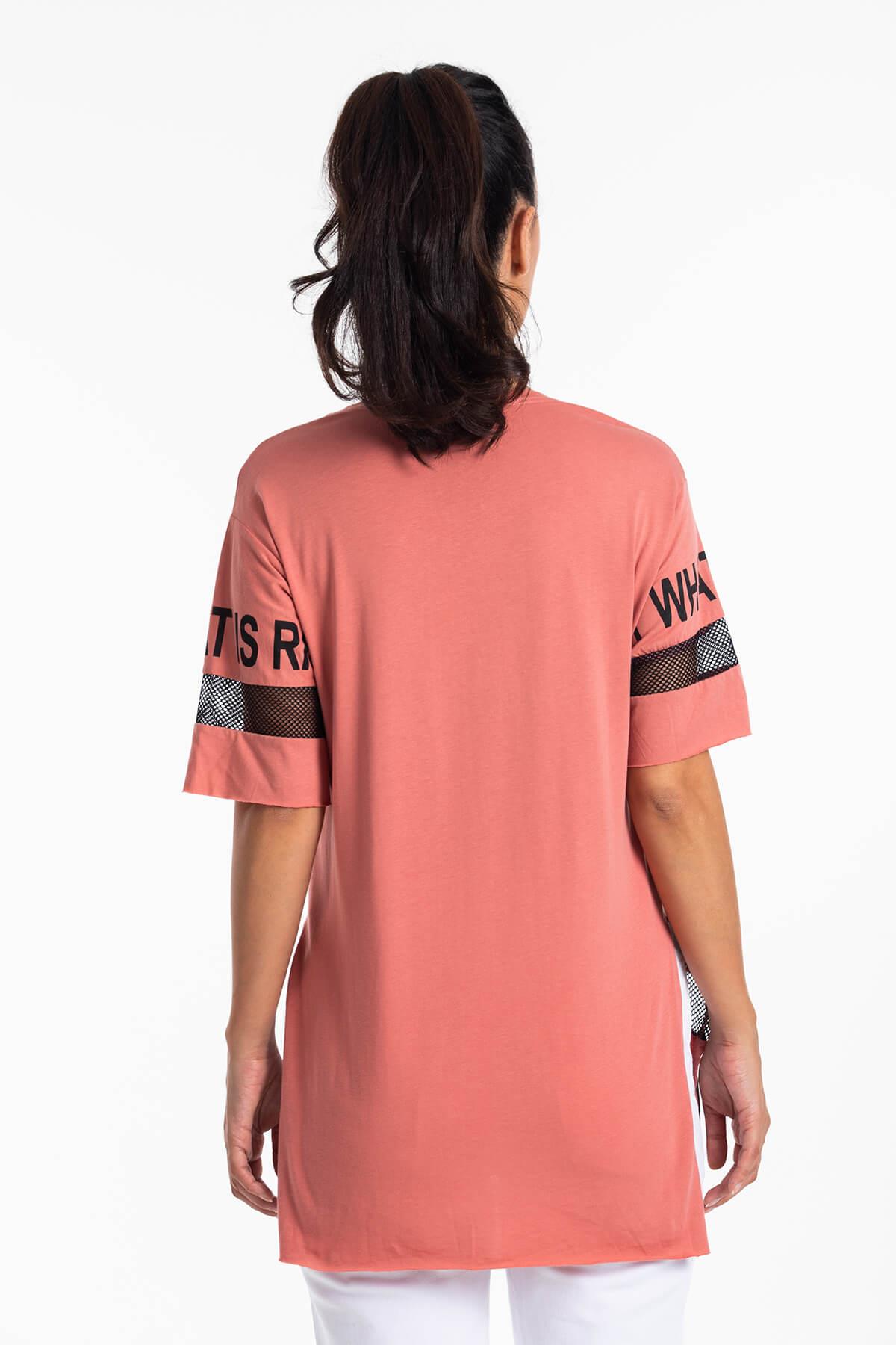 File Detaylı Uzun T-Shirt Pembe