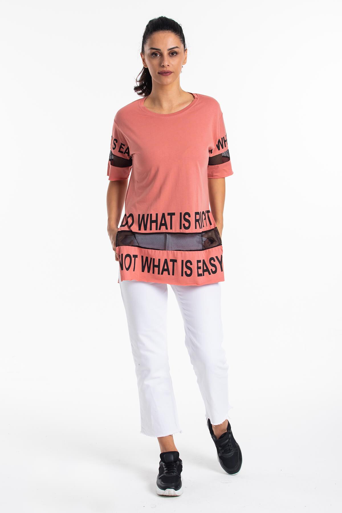 File Detaylı Uzun T-Shirt Pembe