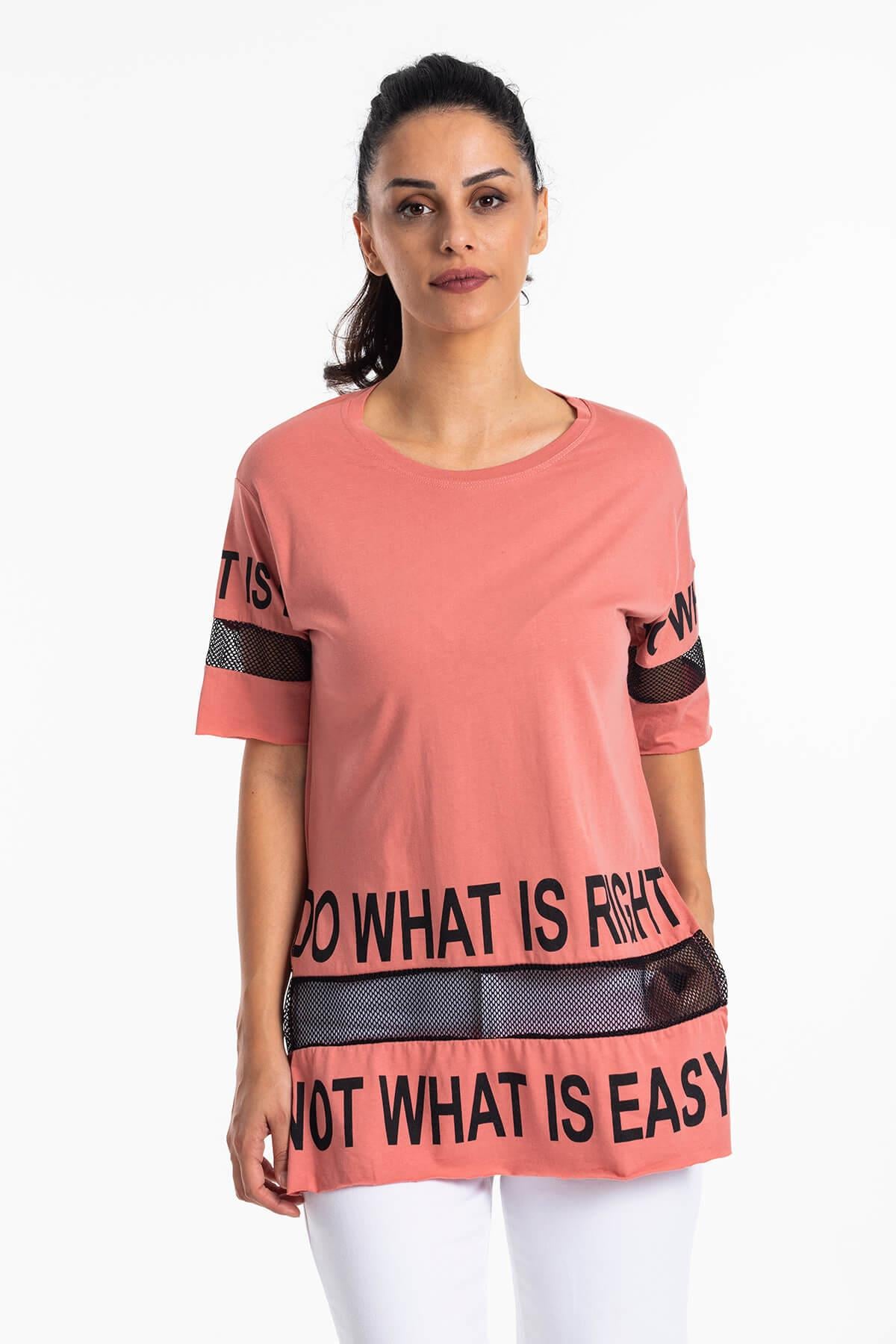 File Detaylı Uzun T-Shirt Pembe