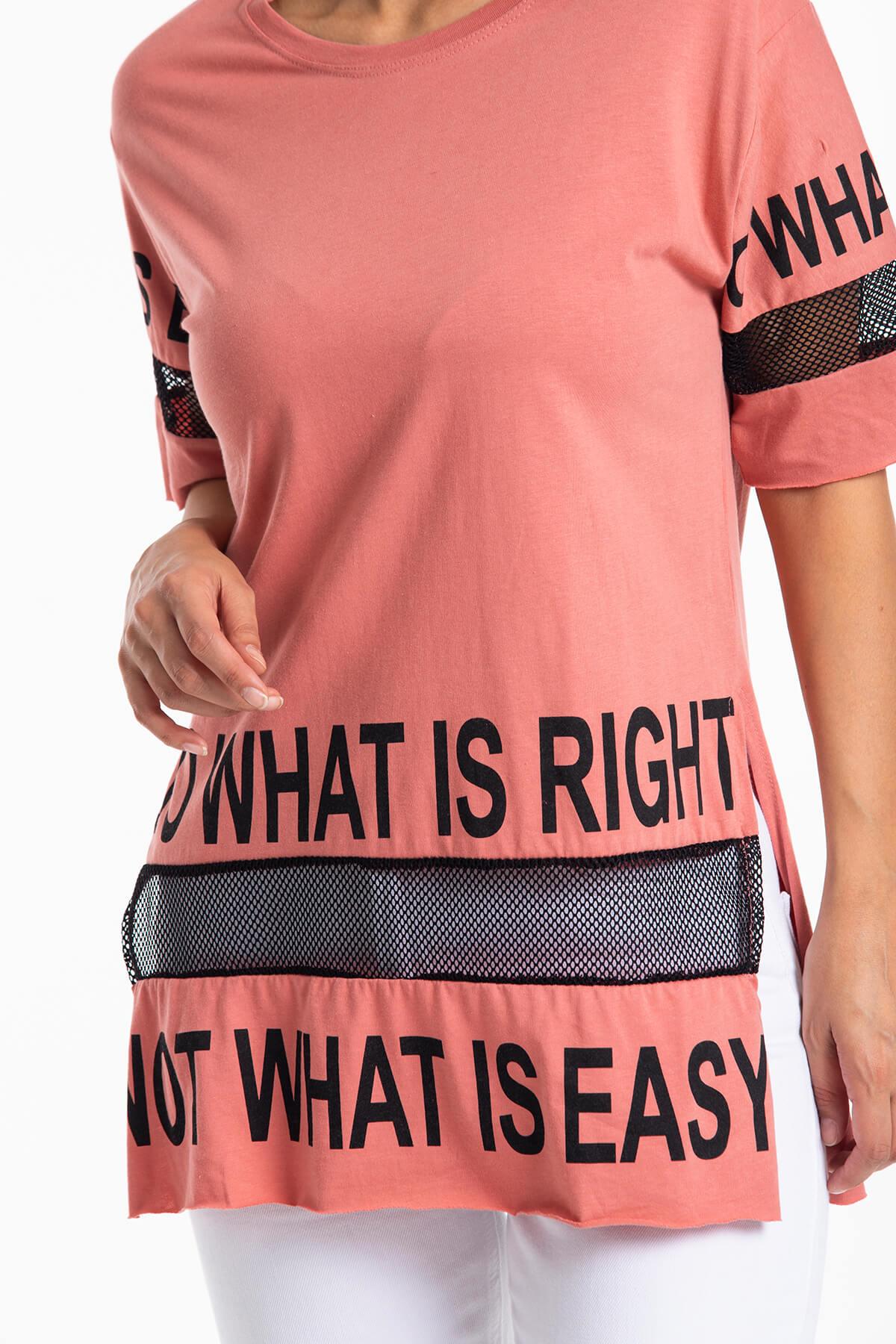 File Detaylı Uzun T-Shirt Pembe