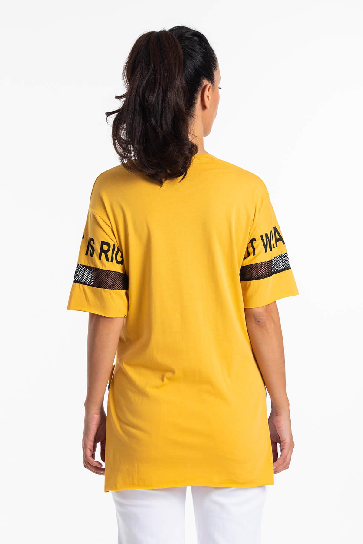 File Detaylı Uzun T-Shirt Sarı