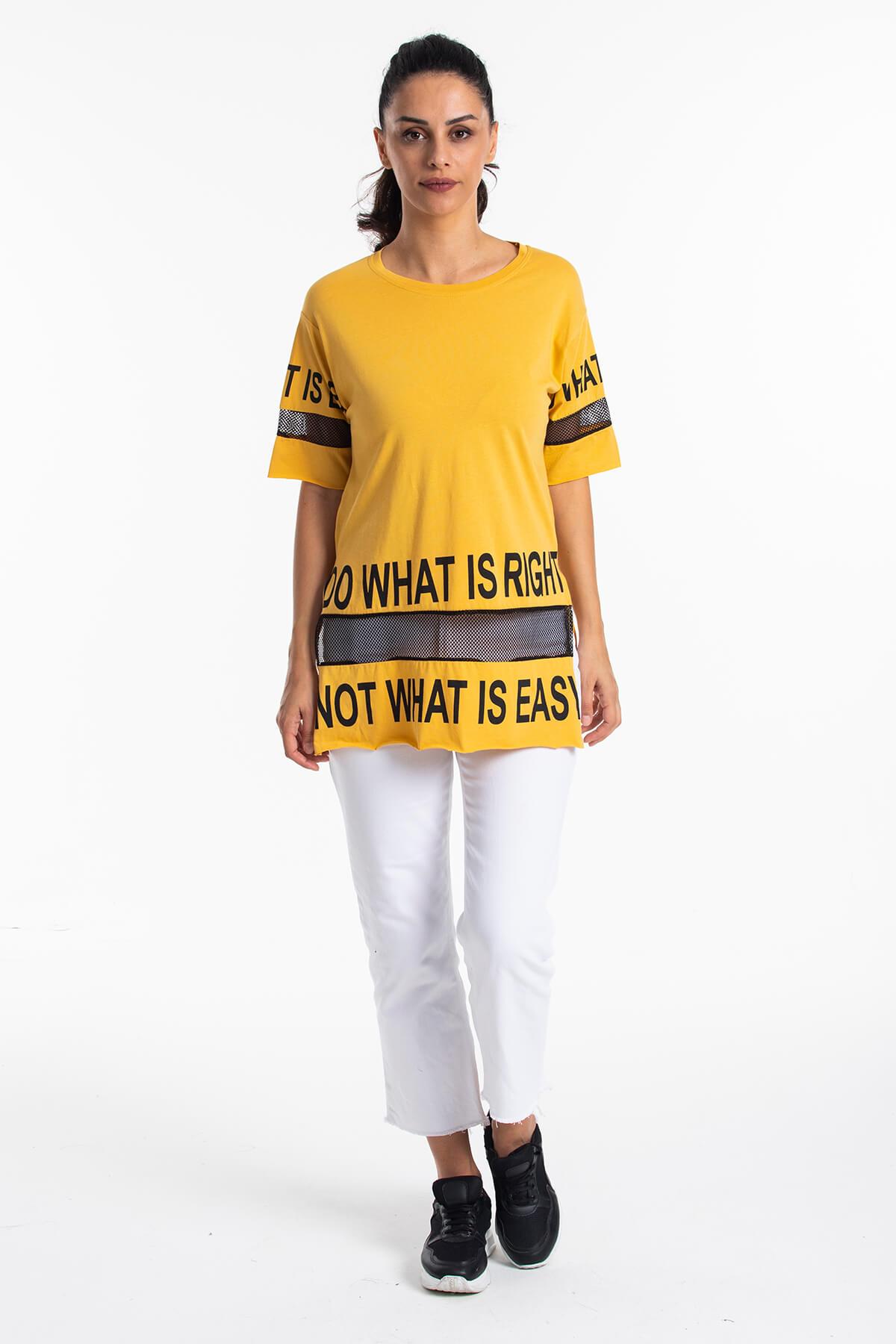 File Detaylı Uzun T-Shirt Sarı