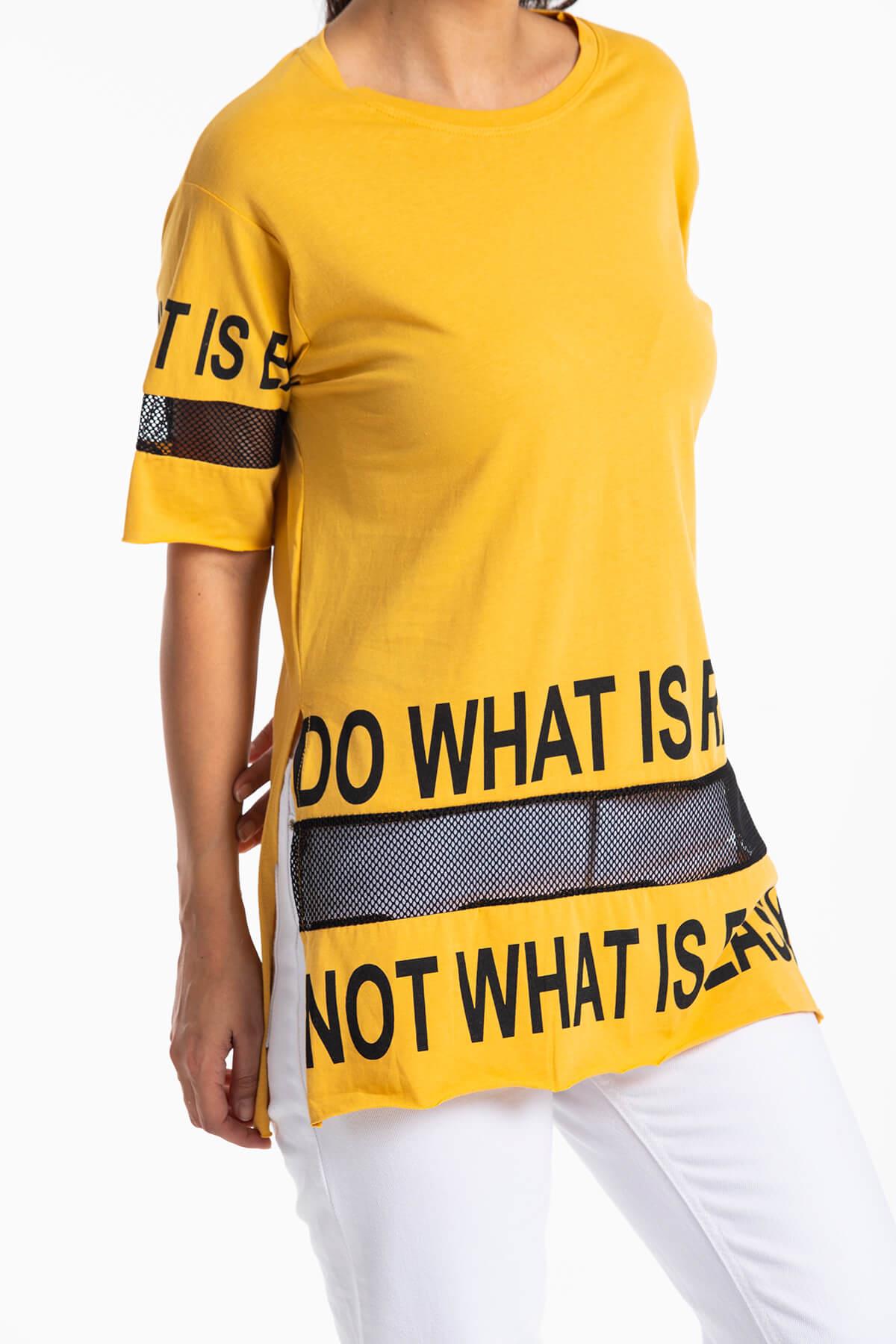 File Detaylı Uzun T-Shirt Sarı