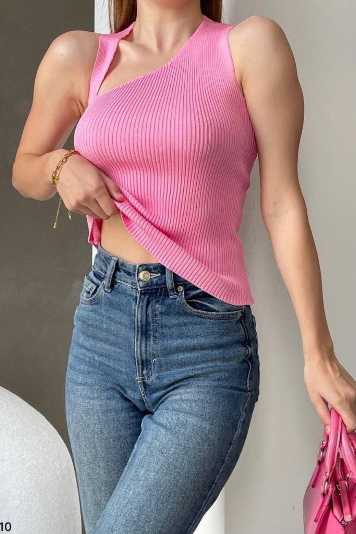 Fitilli Askılı Triko Bluz Pembe