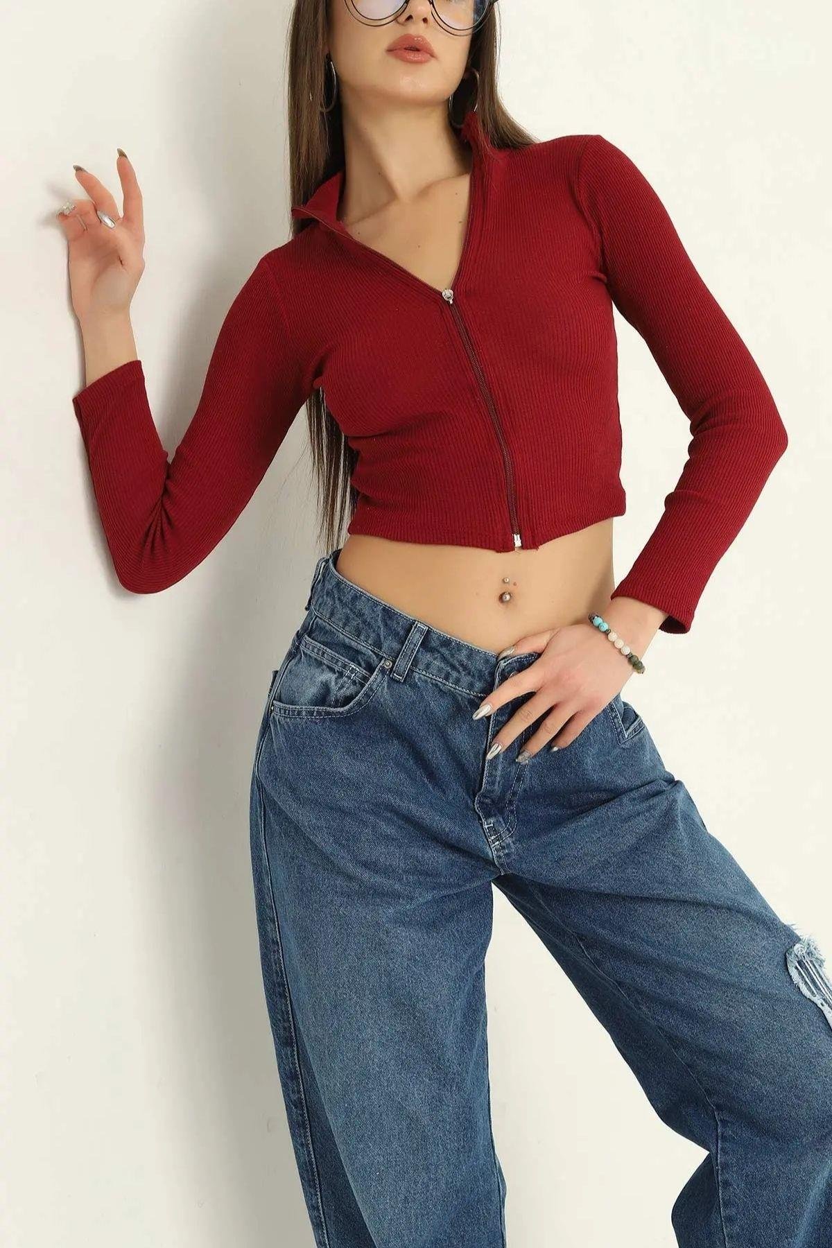 Fitilli Fermuarlı Crop Hırka Bordo