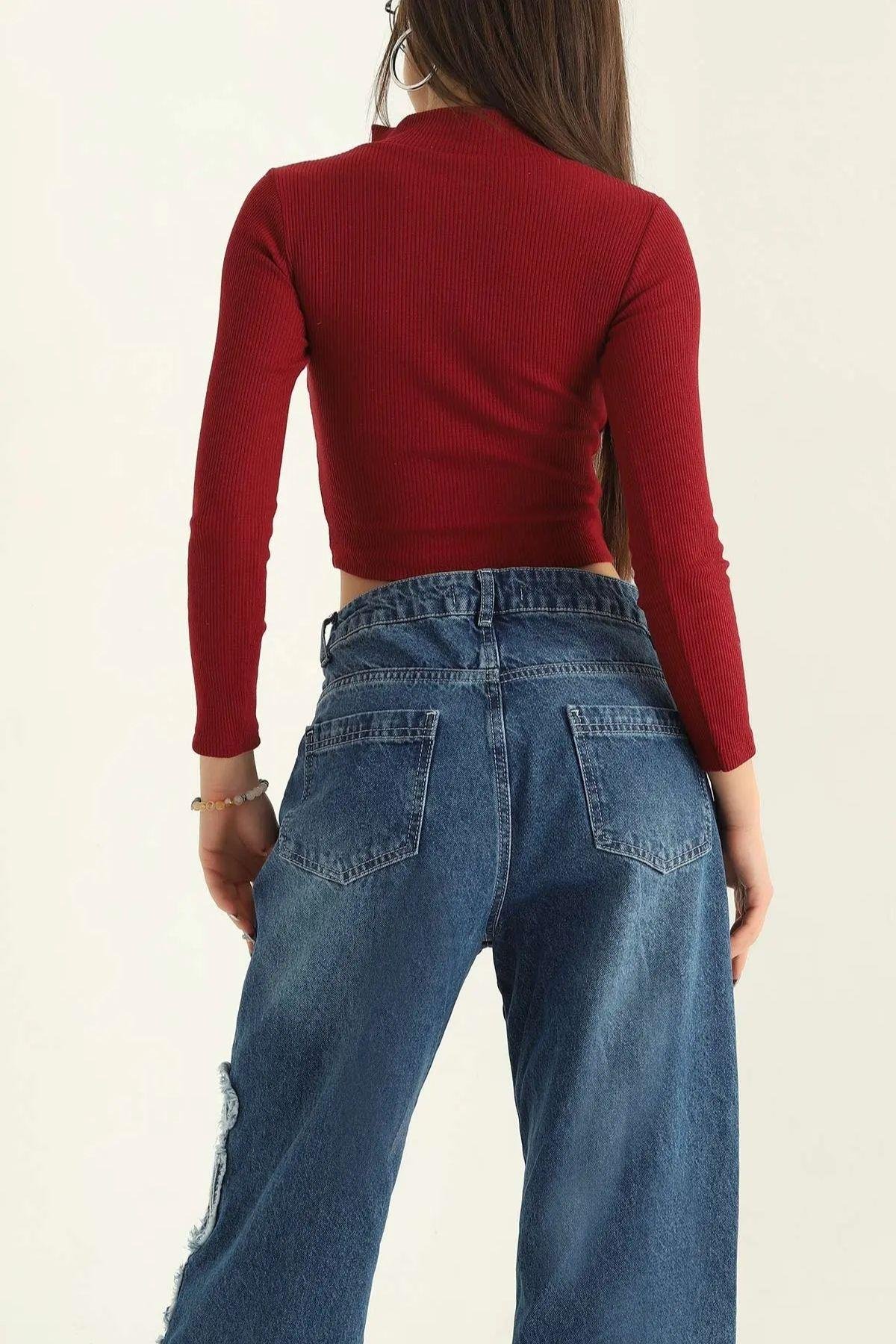 Fitilli Fermuarlı Crop Hırka Bordo