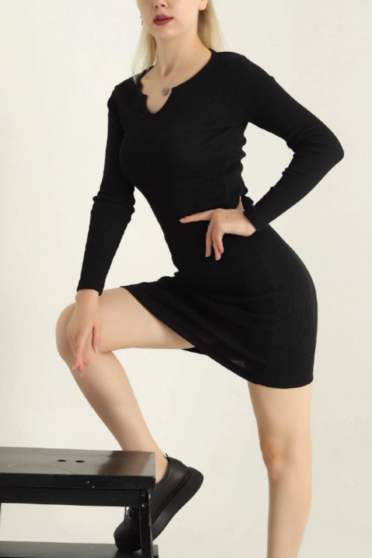 Fitilli Likralı Elbise Siyah