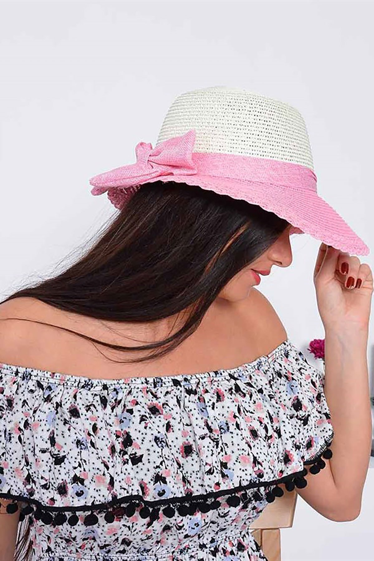 Fiyonk Detaylı Kadın Hasır Şapka Pembe