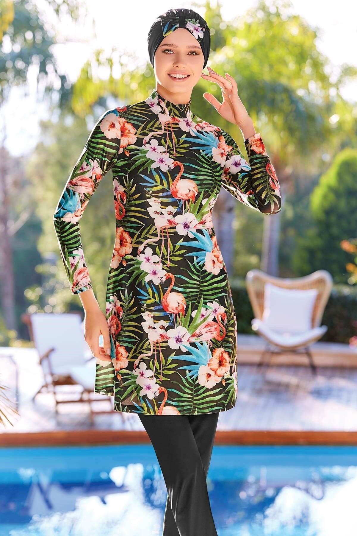 Flamingo Likralı Tam Tesettür Mayo Siyah