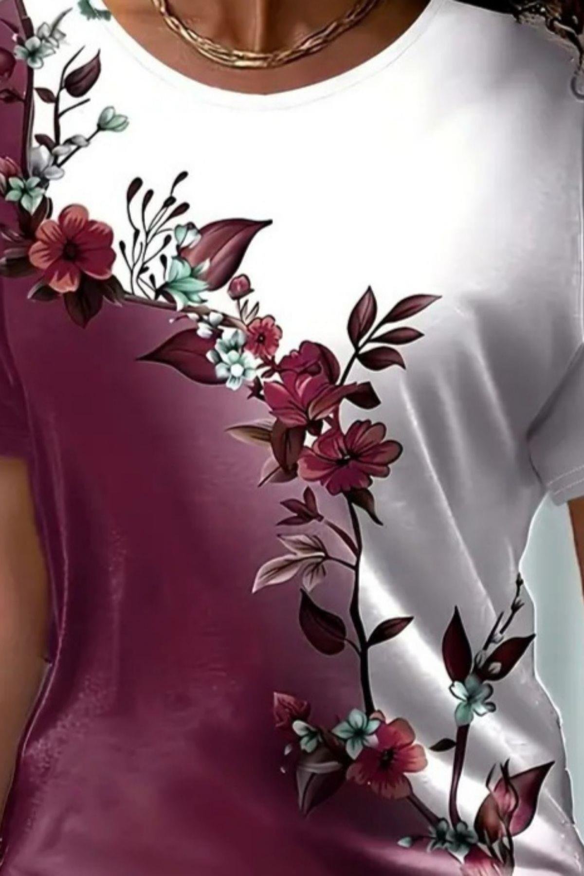 Flowers Design Çift Renkli Süprem Bluz Bordo