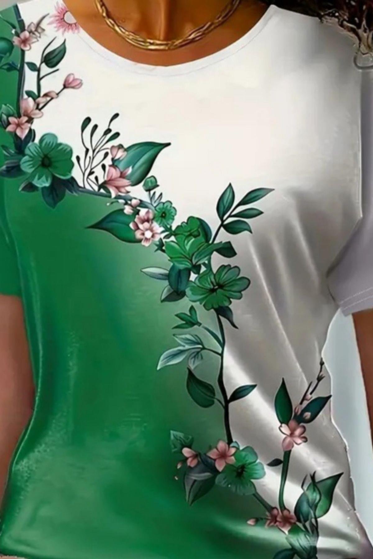 Flowers Design Çift Renkli Süprem Bluz Yeşil