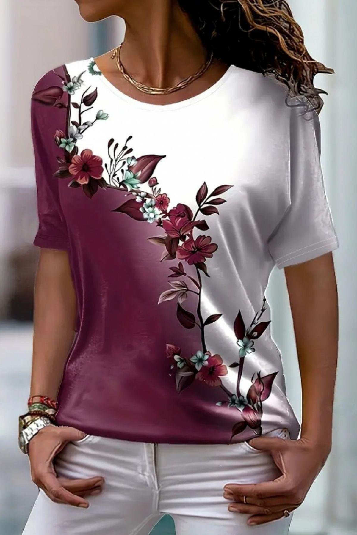 Flowers Design Çift Renkli Süprem Bluz Bordo