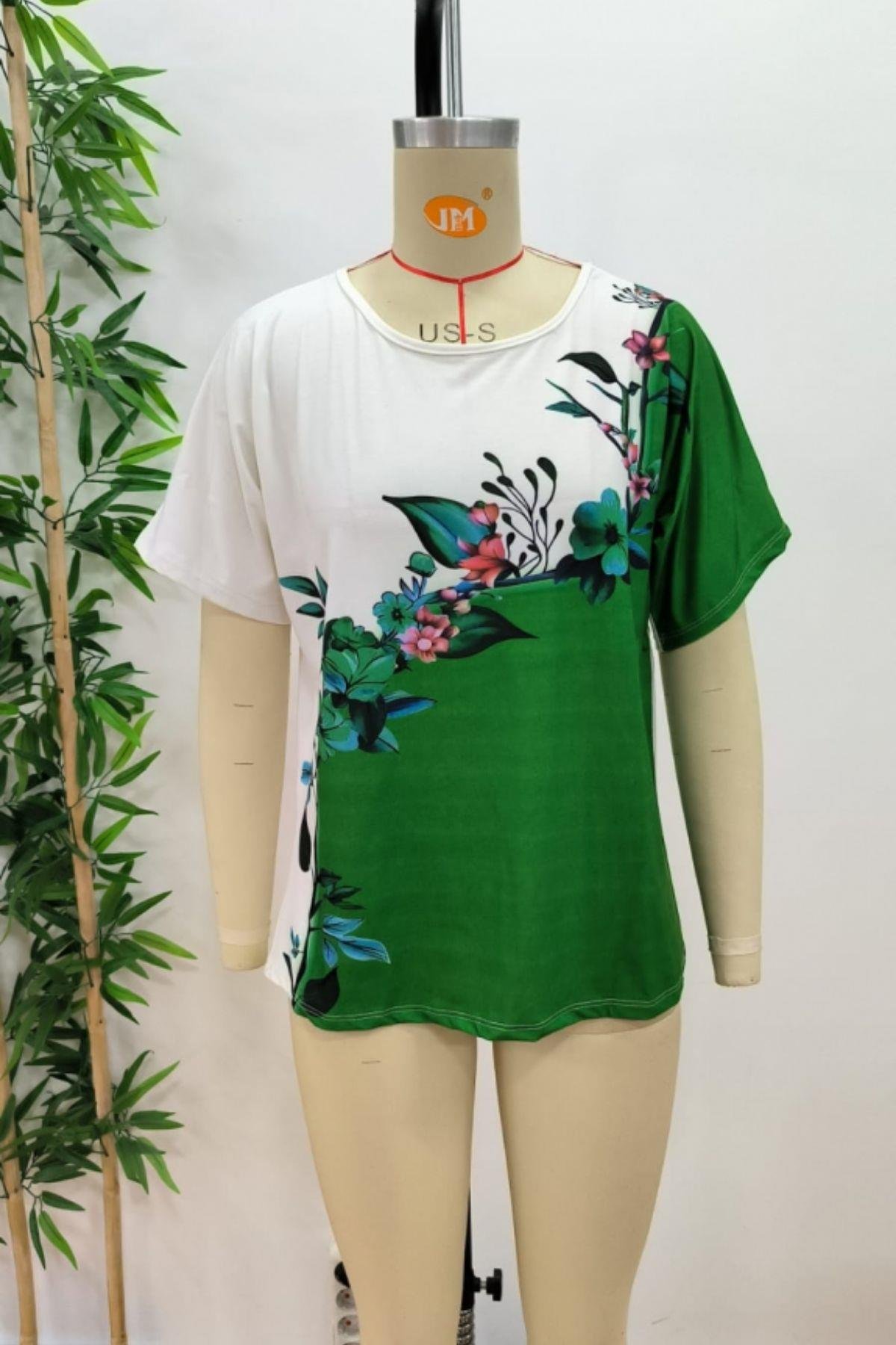 Flowers Design Çift Renkli Süprem Bluz Yeşil