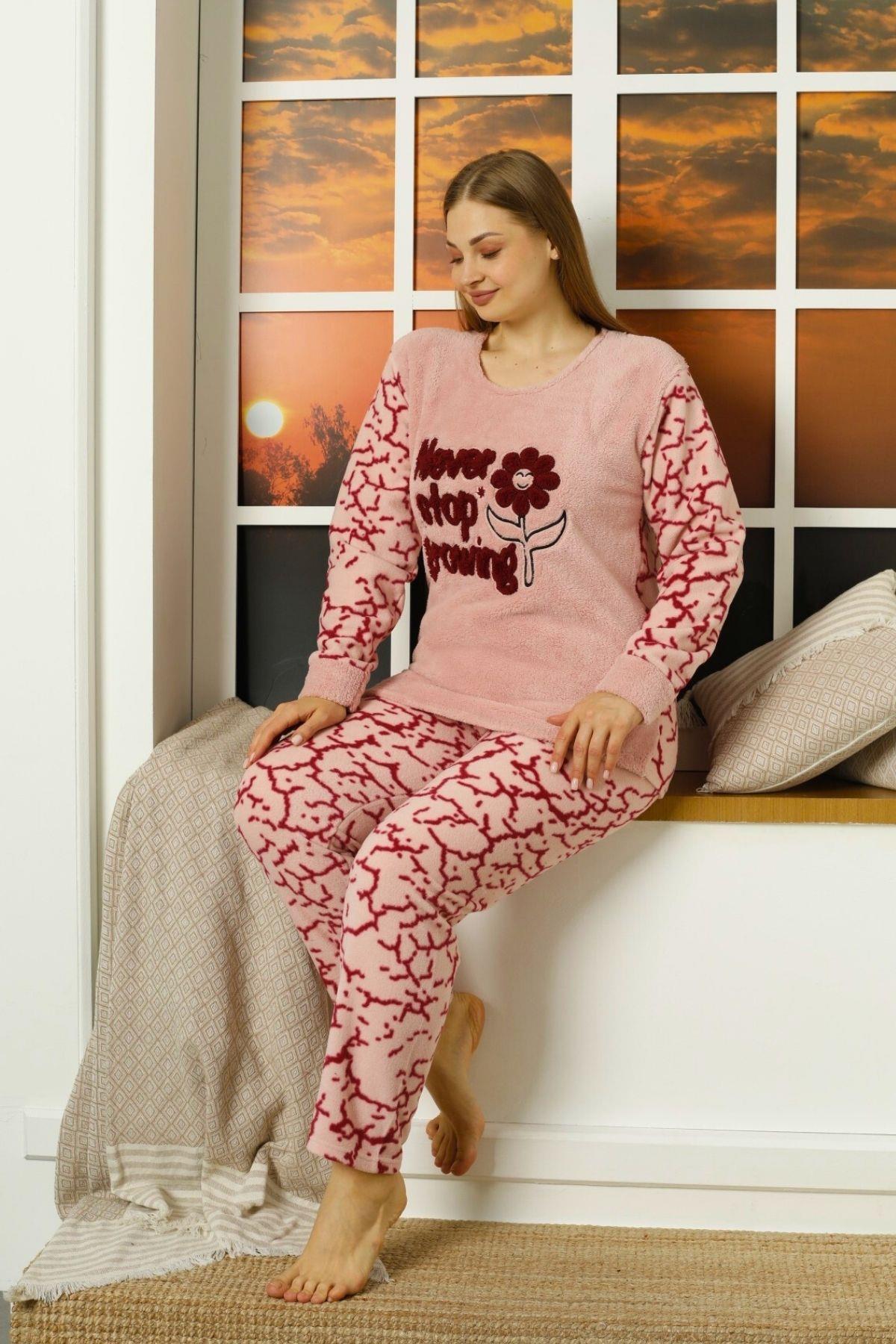 Flowers Polar Büyük Beden Pijama Takımı Pudra