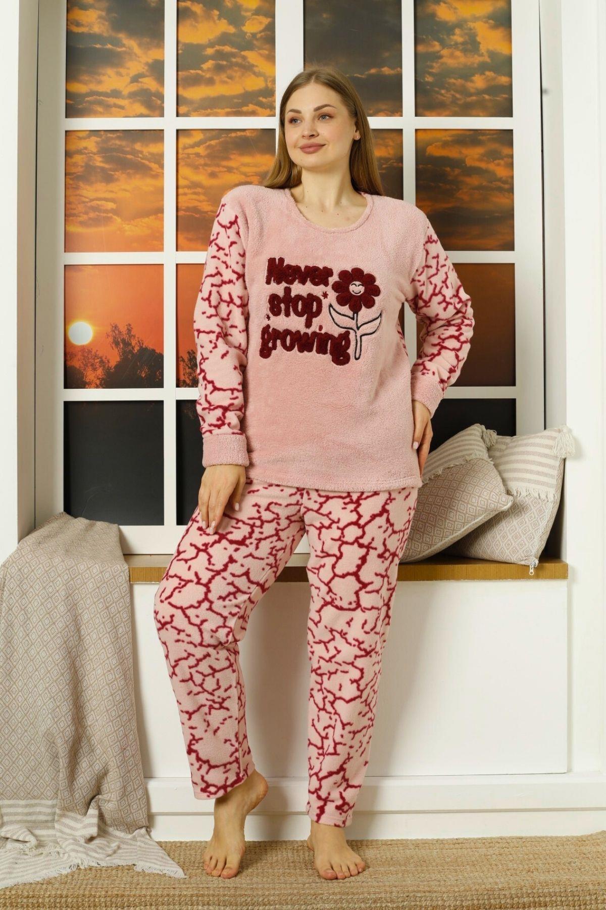 Flowers Polar Büyük Beden Pijama Takımı Pudra