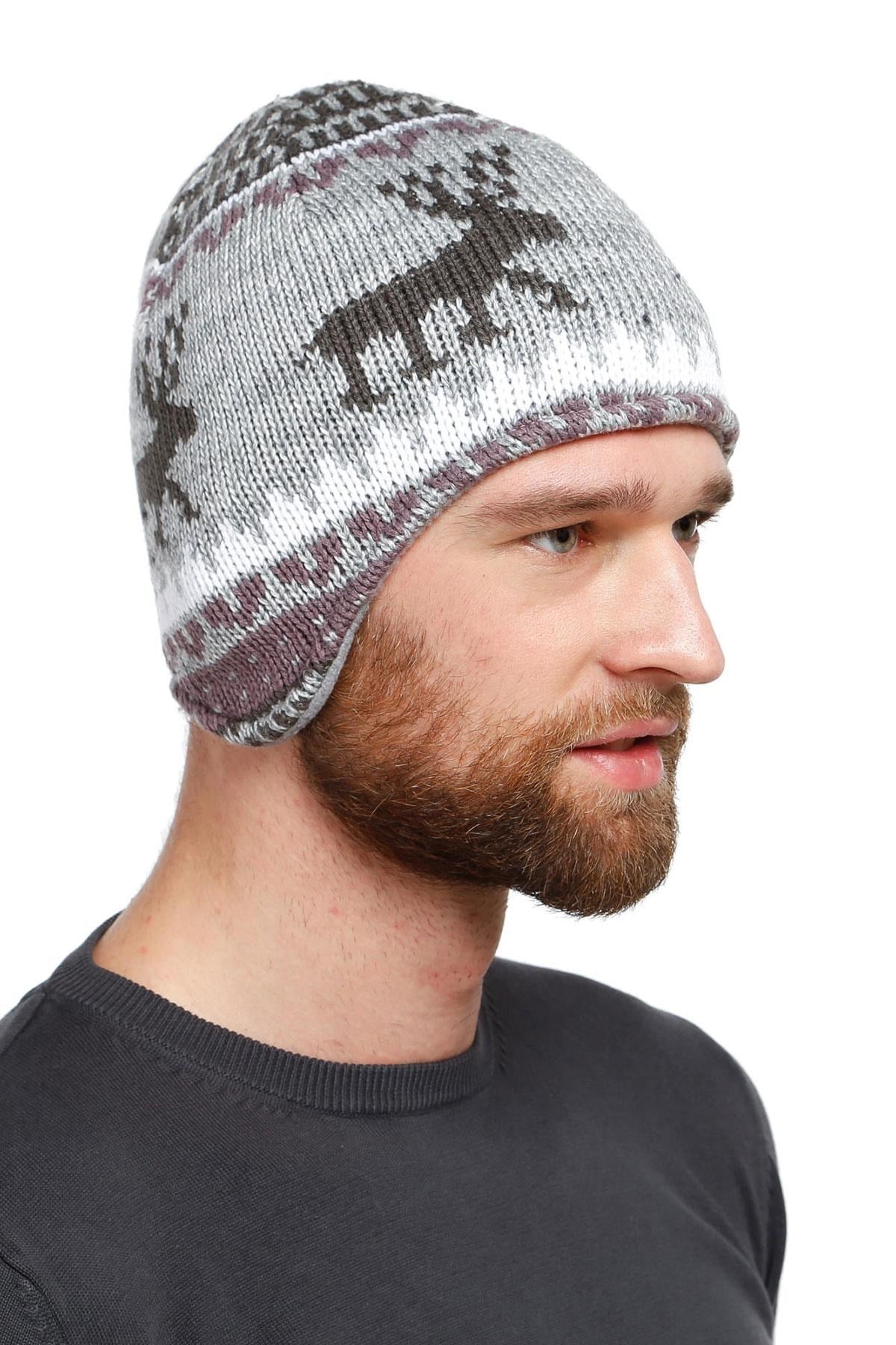 Full Protective İçi Polarlı Geyik Desen Unisex Bere Gri