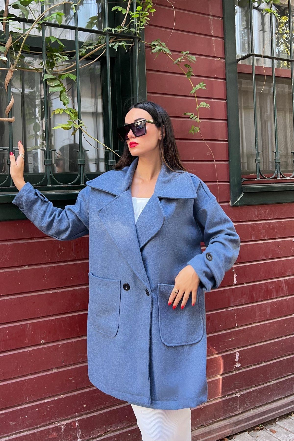 Geniş Cepli Düğmeli Oversize Kısa Kaban İndigo