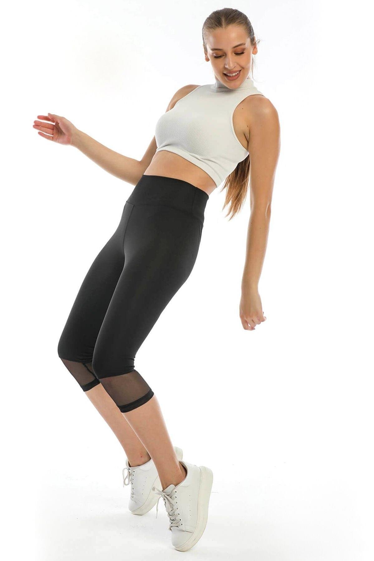 Geniş Kemer Tüllü Kapri Tayt Siyah