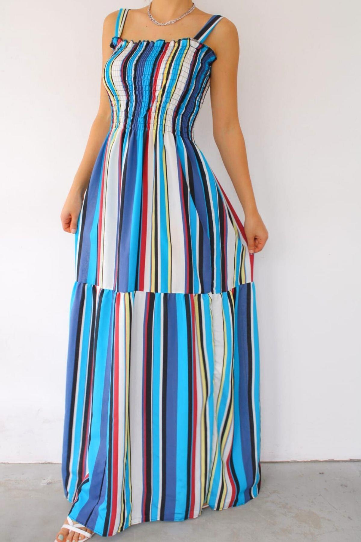 Gipeli Kalın Askı Uzun Elbise Renkli