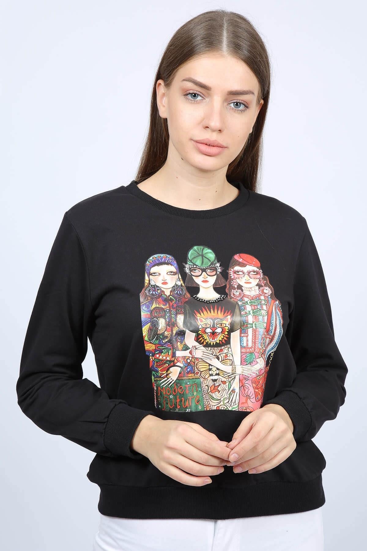 Girls Baskılı Kadın Sweat Siyah