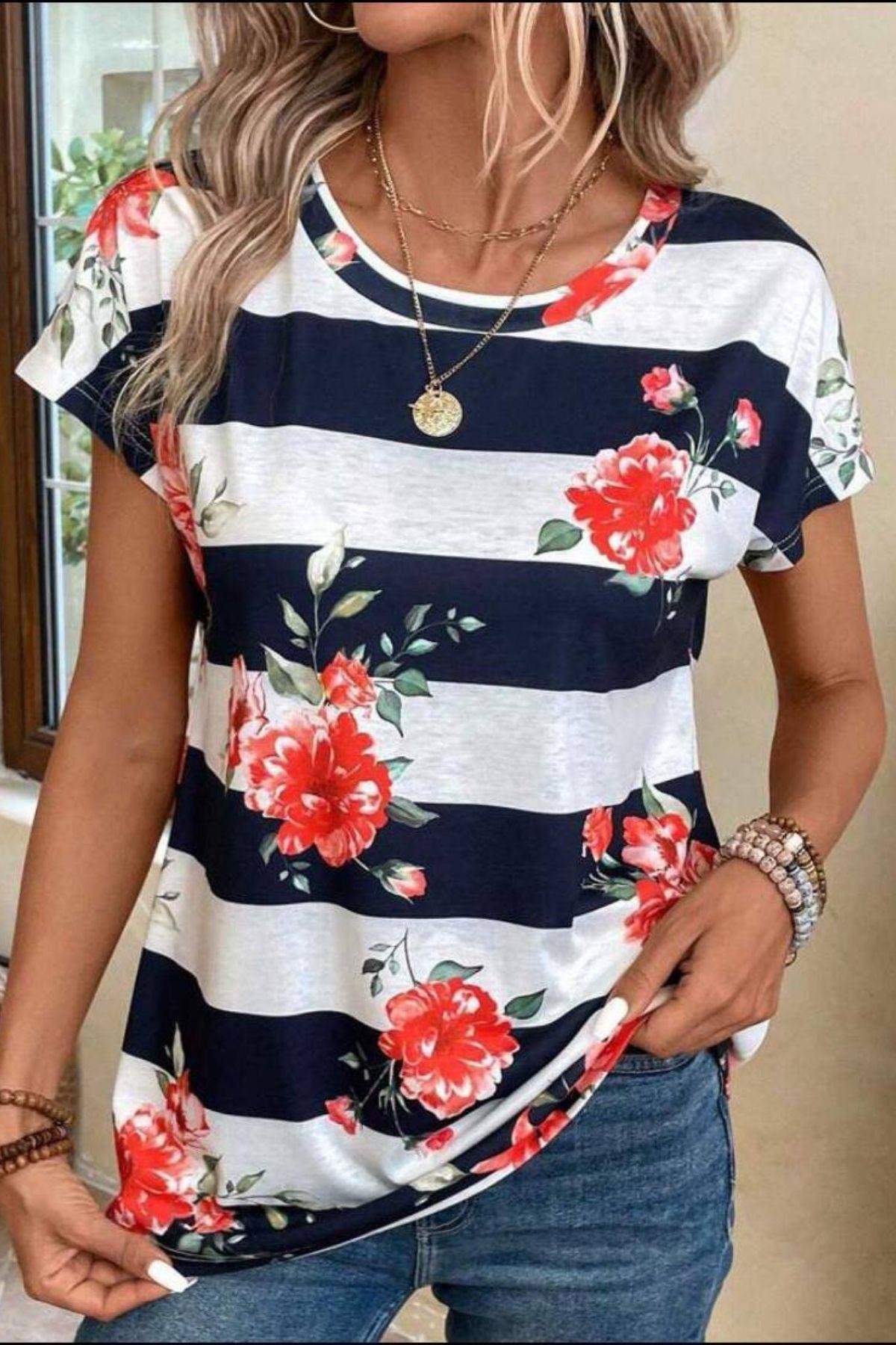 Gül Desen Çizgili Süprem T-Shirt Lacivert