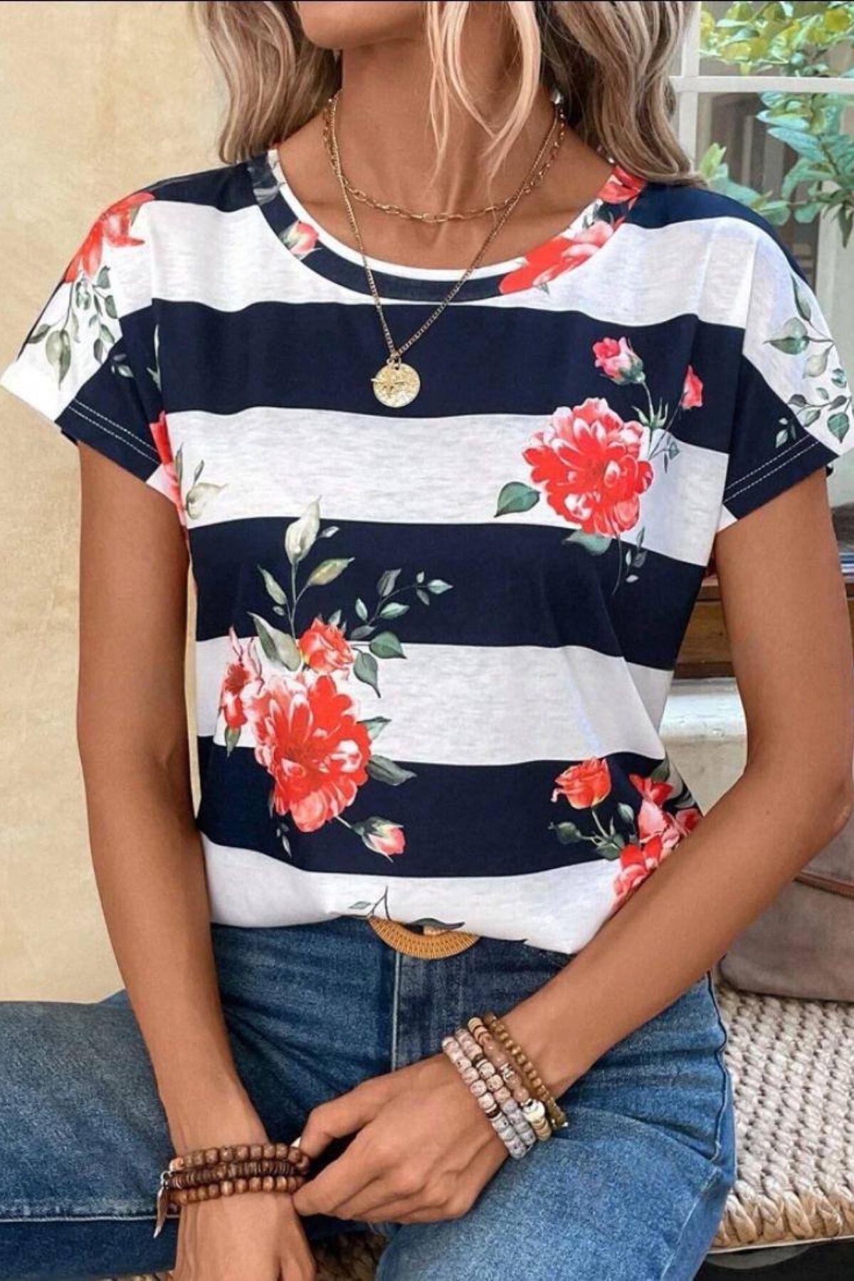 Gül Desen Çizgili Süprem T-Shirt Lacivert