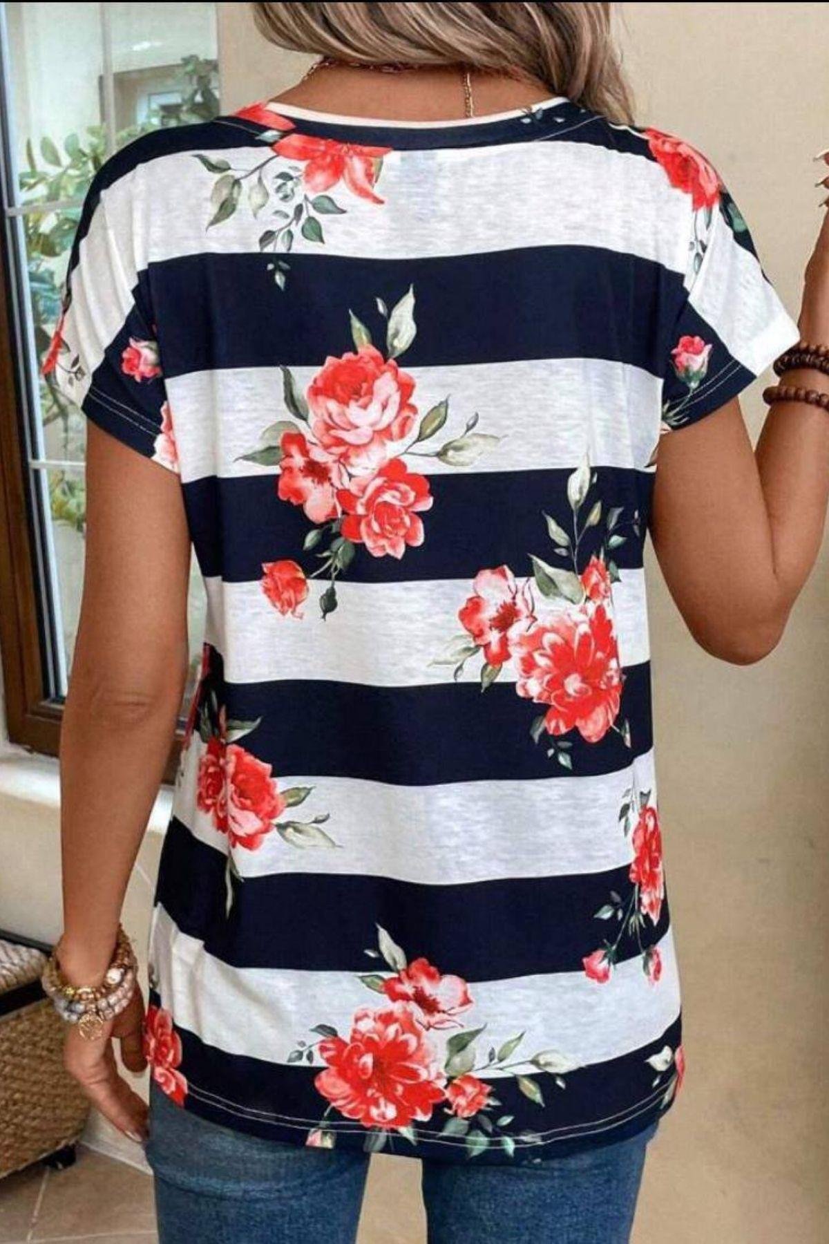 Gül Desen Çizgili Süprem T-Shirt Lacivert