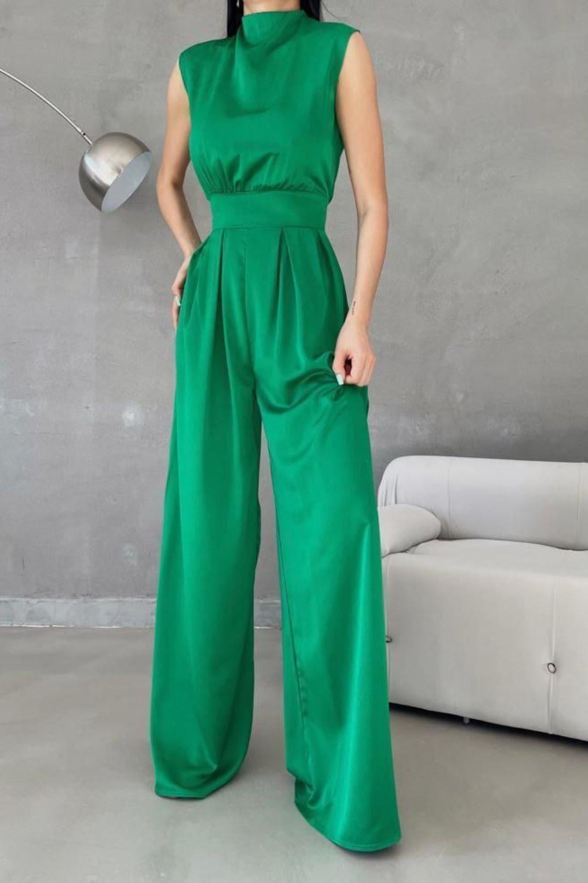 Halter Yaka Bol Paça Saten Tulum Yeşil