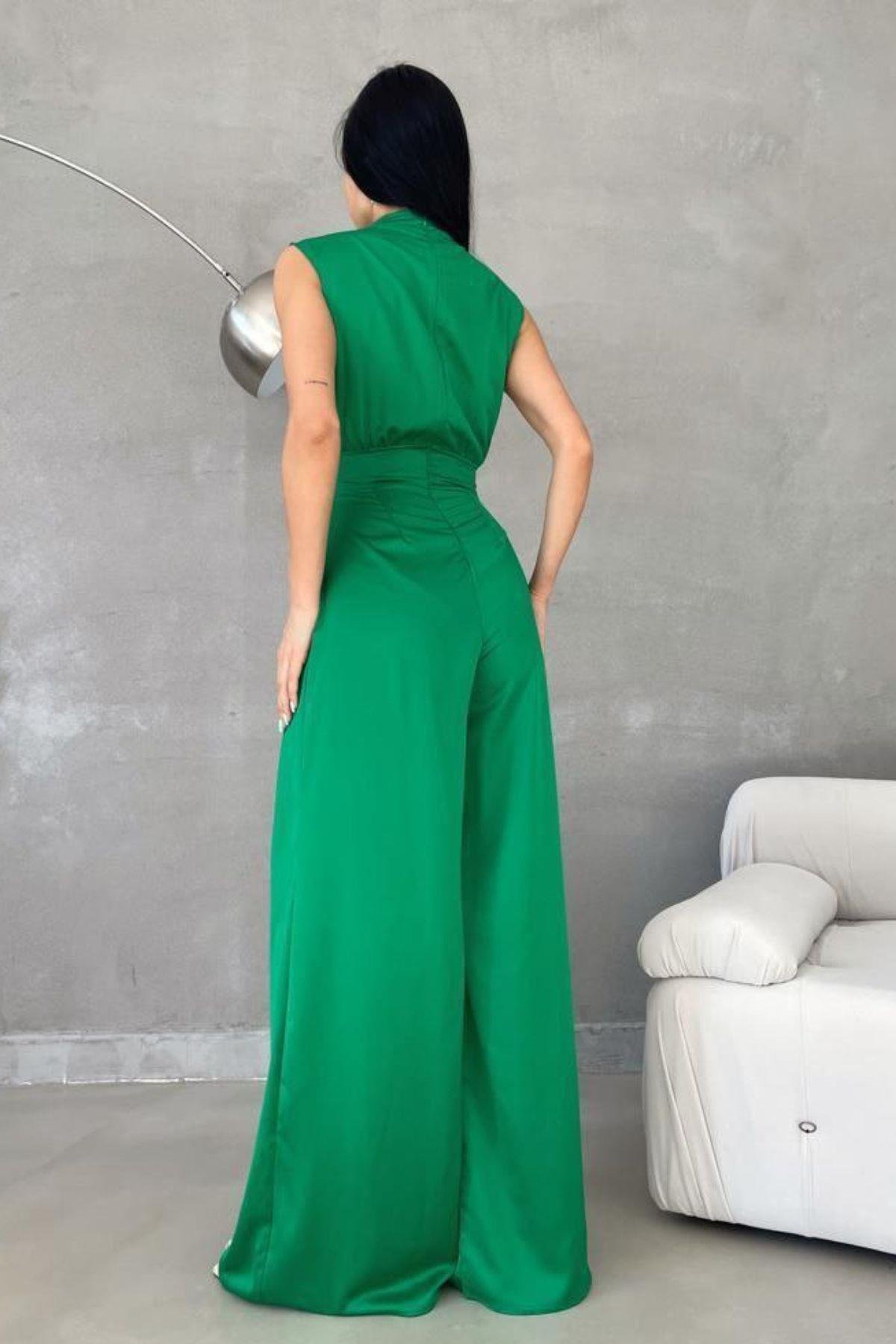 Halter Yaka Bol Paça Saten Tulum Yeşil
