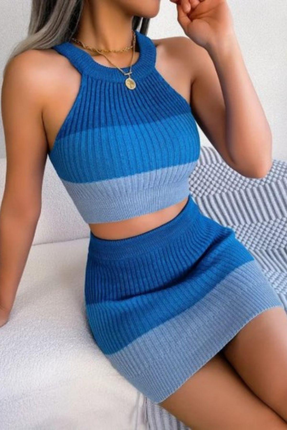 Halter Yaka Crop Ve Mini Etek İkili Triko Takım Mavi
