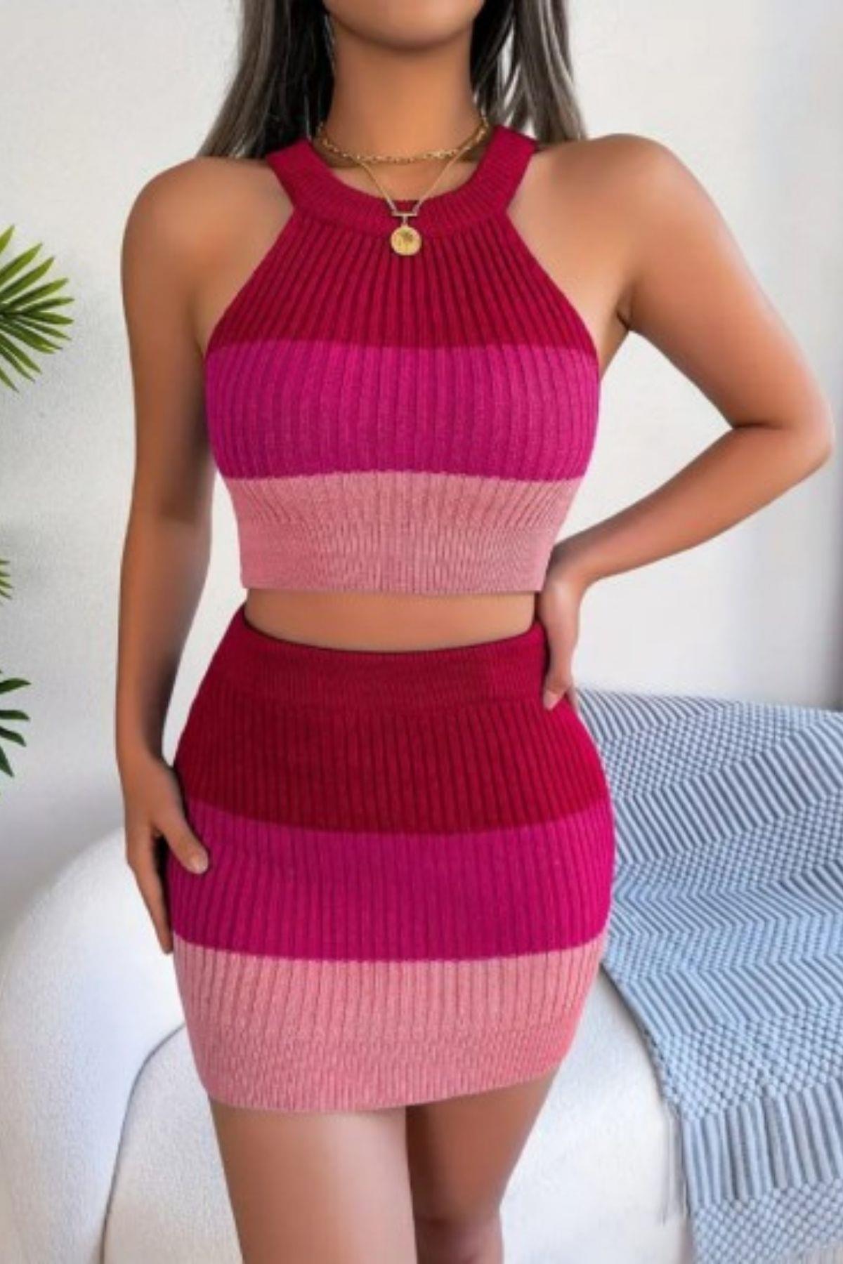 Halter Yaka Crop Ve Mini Etek İkili Triko Takım Pembe