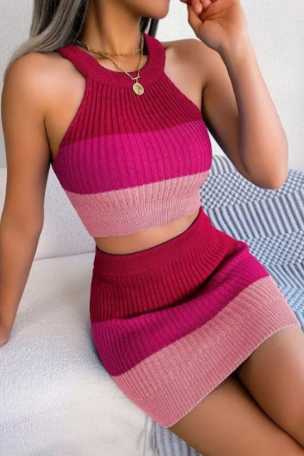 Halter Yaka Crop Ve Mini Etek İkili Triko Takım Pembe