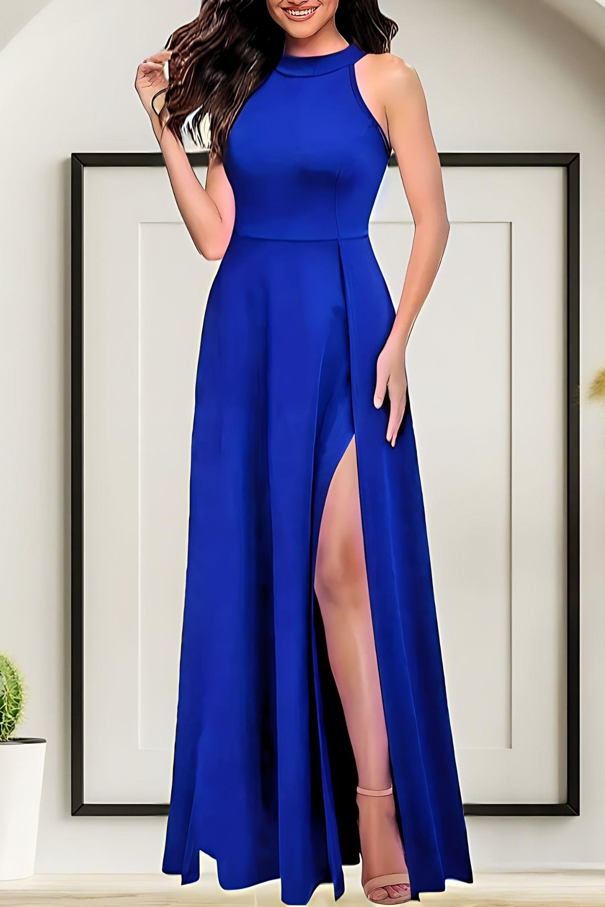 Halter Yaka Derin Yırtmaçlı Krep Elbise Lacivert