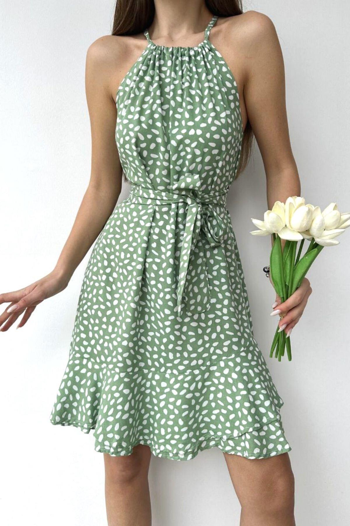 Halter Yaka Dokuma Elbise Mint