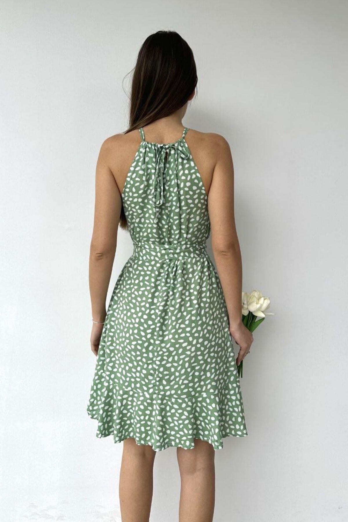 Halter Yaka Dokuma Elbise Mint
