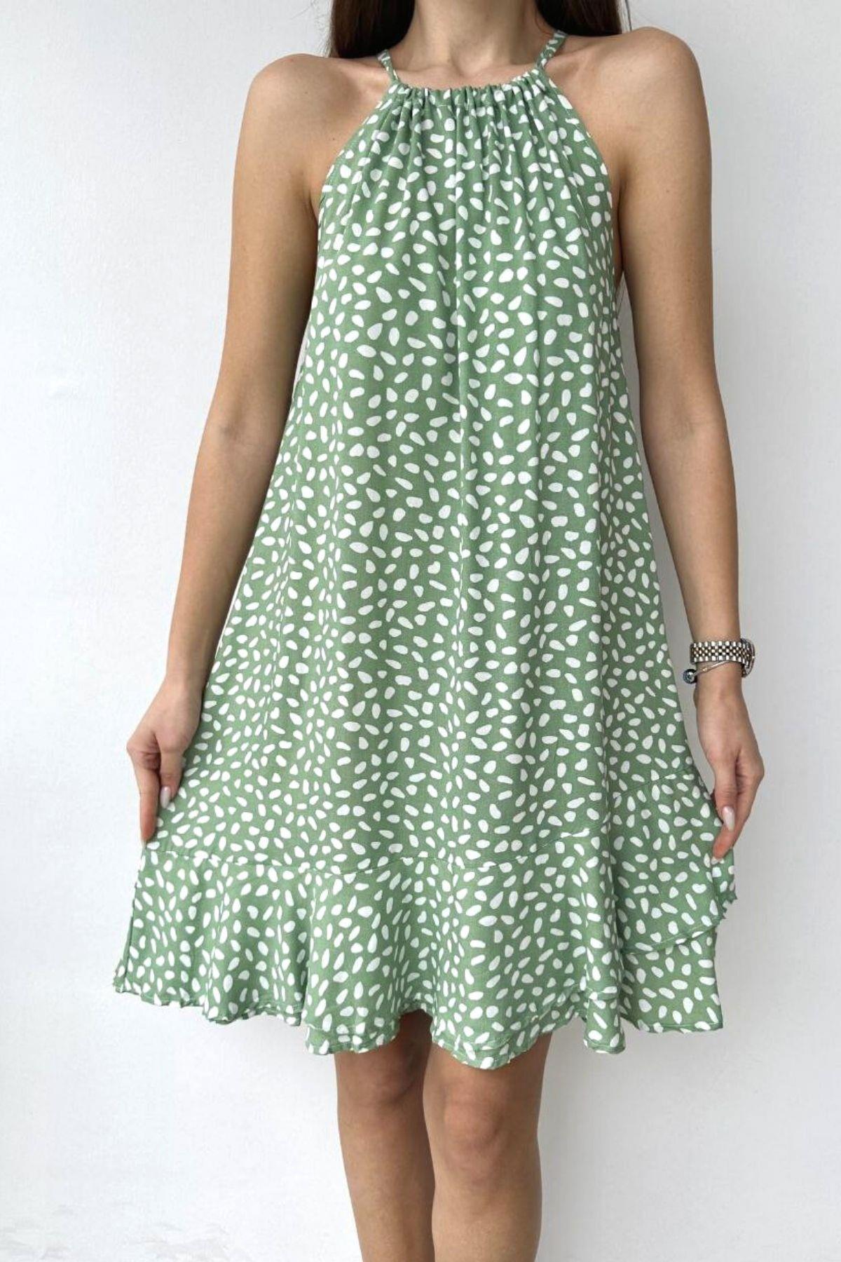 Halter Yaka Dokuma Elbise Mint