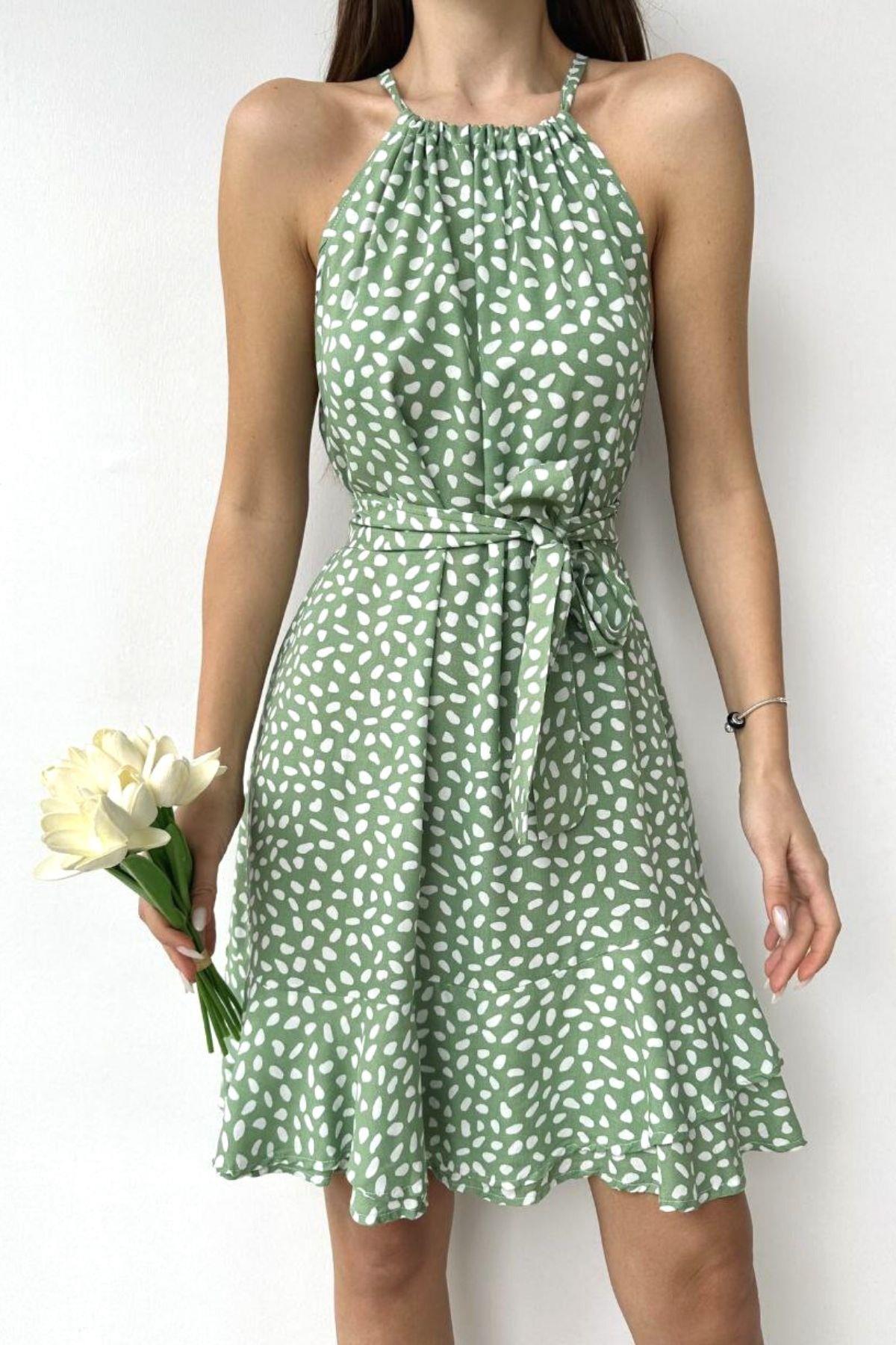 Halter Yaka Dokuma Elbise Mint