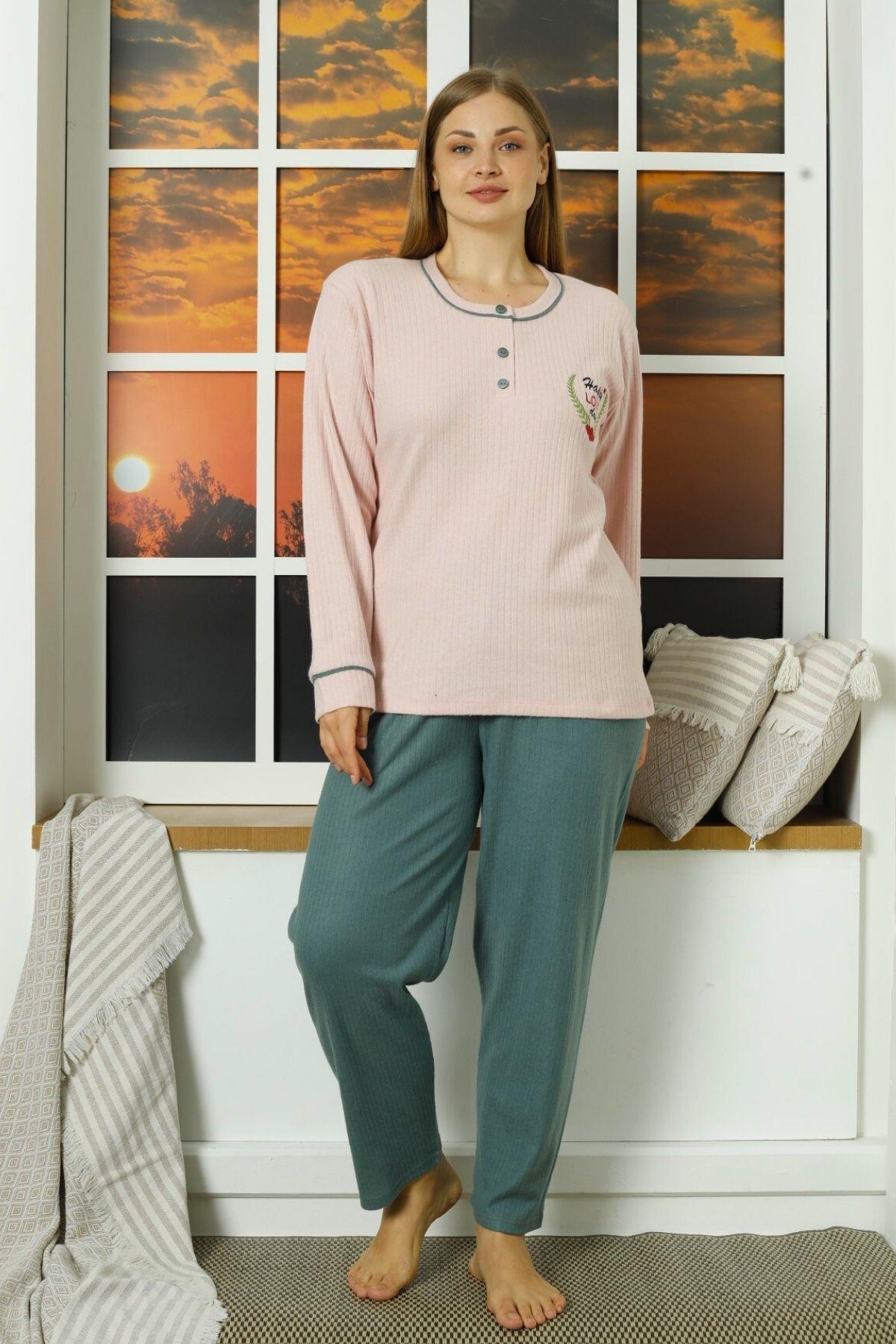 Happy Love Kalın Fitilli Ön Düğmeli Büyük Beden Pijama Takımı Pudra