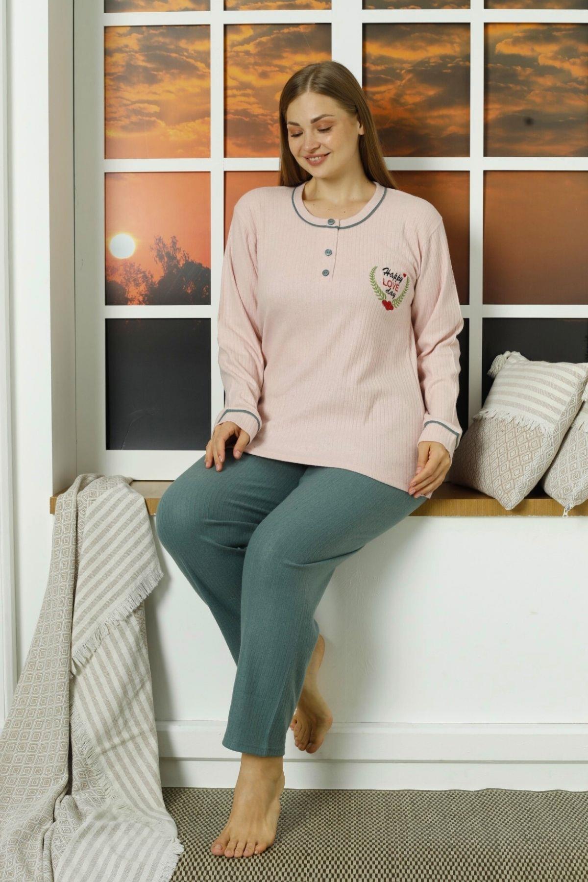 Happy Love Kalın Fitilli Ön Düğmeli Büyük Beden Pijama Takımı Pudra