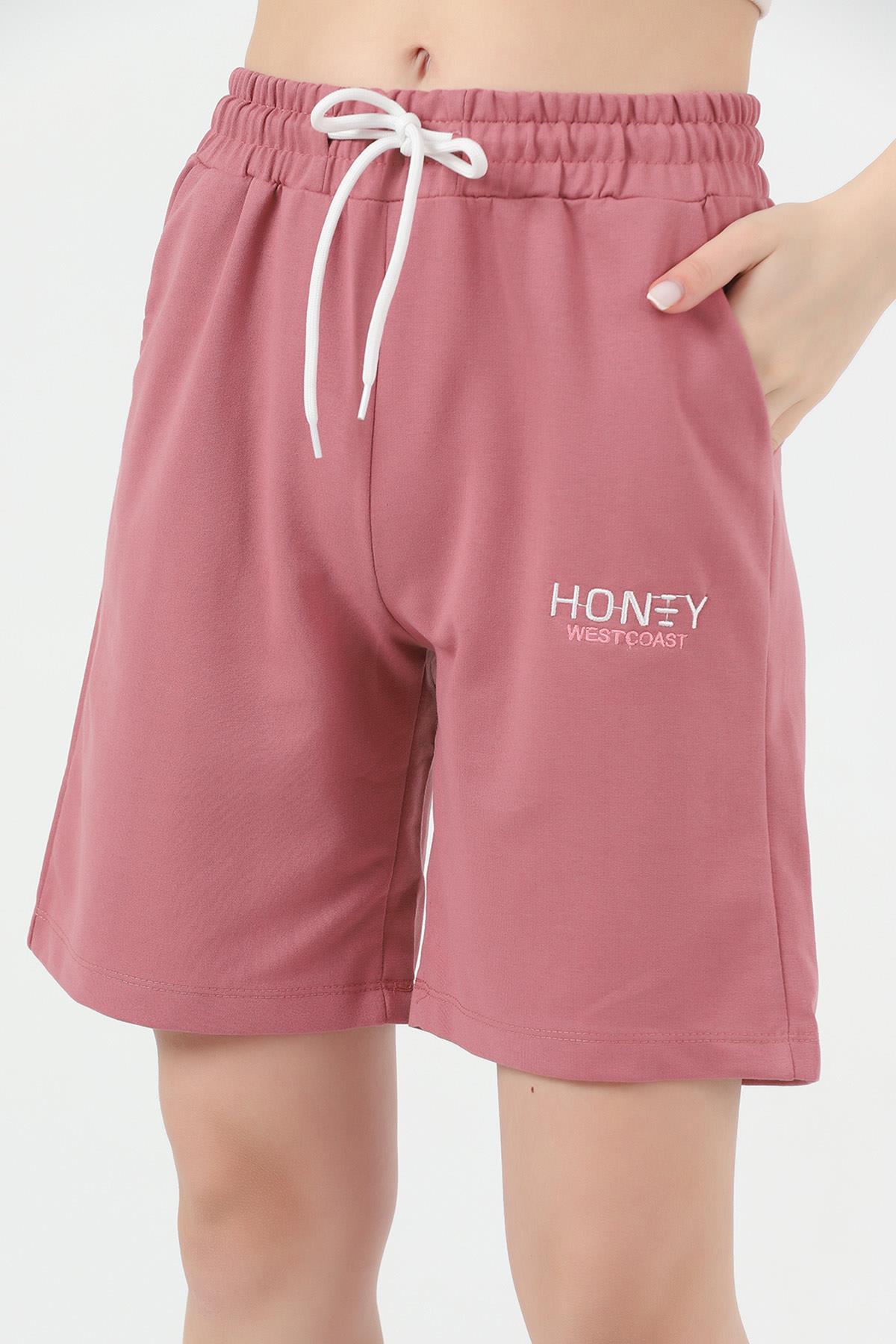 Honey Nakışlı Penye Kadın Şort Pembe