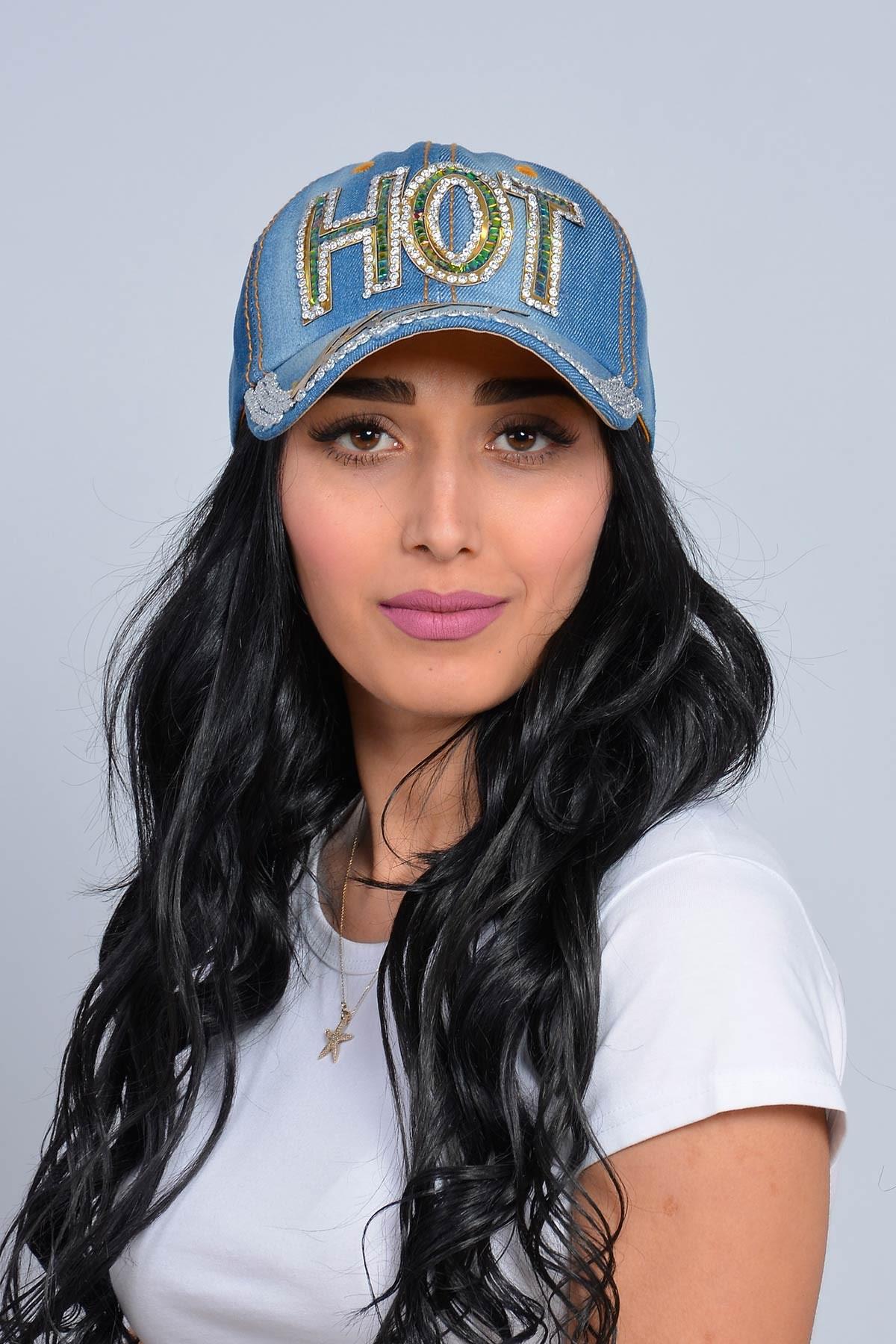 Hot Taşlı Kot Şapka