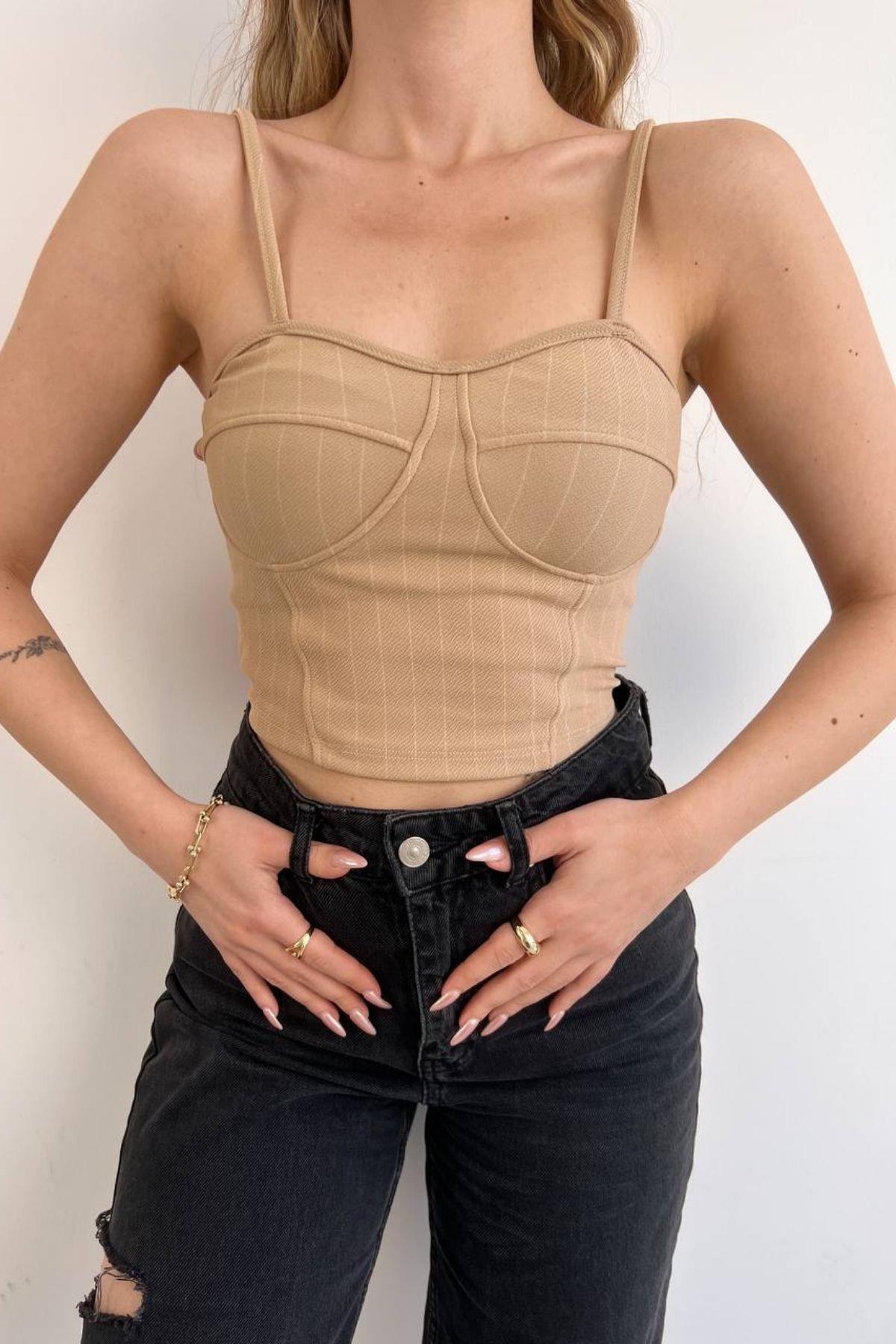 İnce Askılı Büstiyer Crop Bej