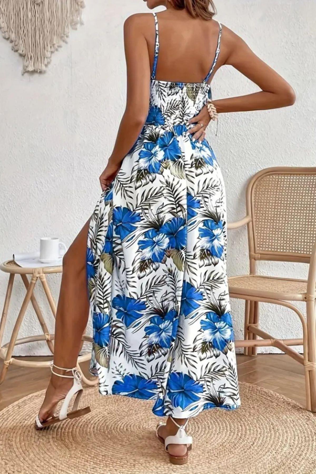 İp Askılı Bel Dekolteli Yırtmaçlı Desenli Elbise Mavi