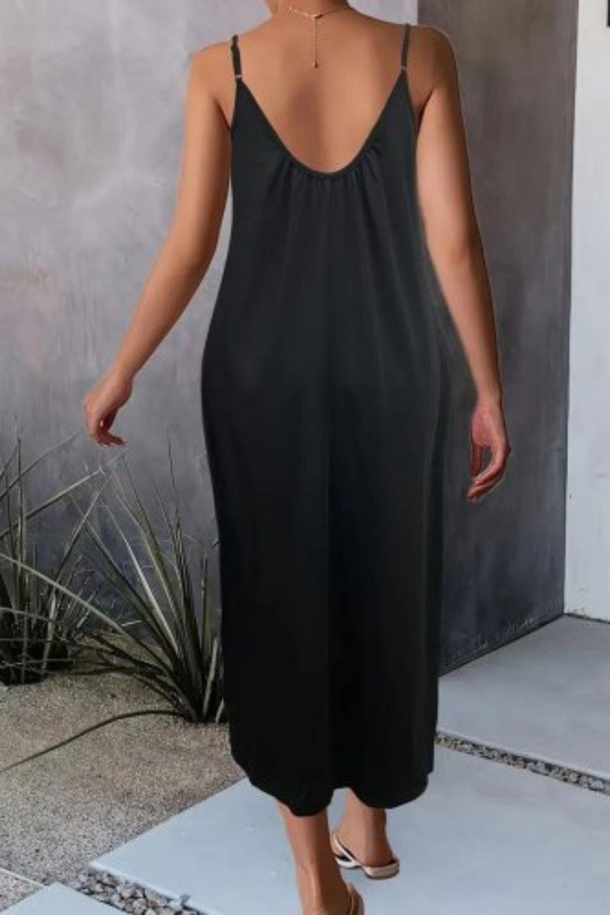 İp Askılı Cepli Rahat Kesim Viskon Elbise Siyah