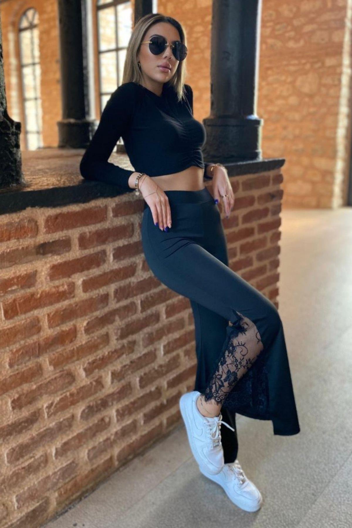 İspanyol Paça Dantel Detay Dalgıç Tayt Siyah