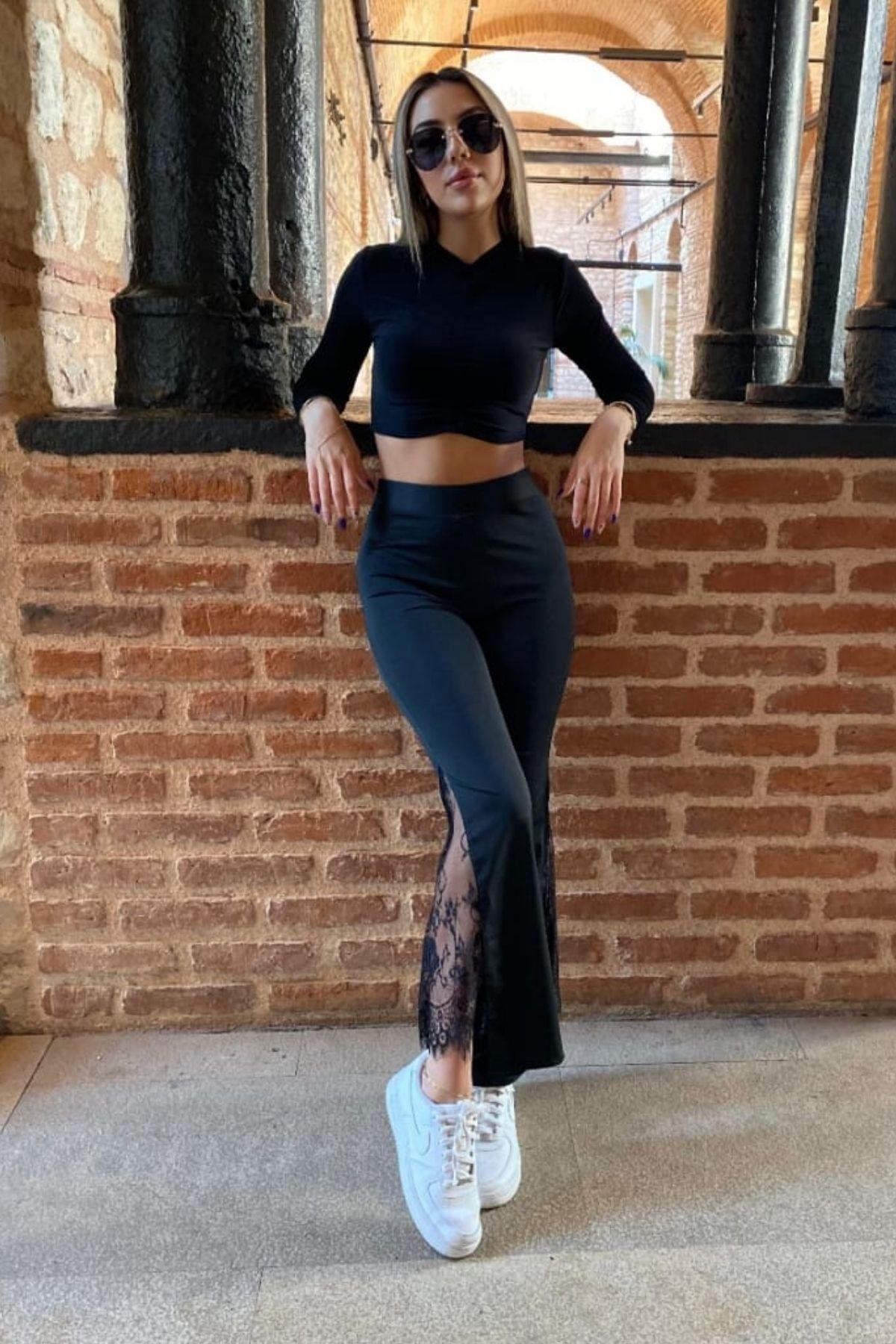 İspanyol Paça Dantel Detay Dalgıç Tayt Siyah