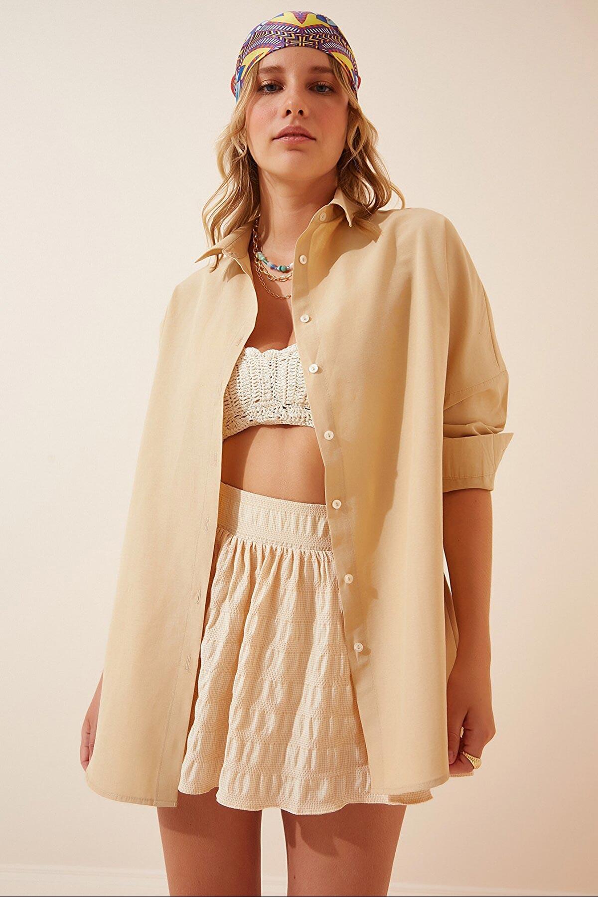 Kadın Vizon Uzun Basic Gömlek