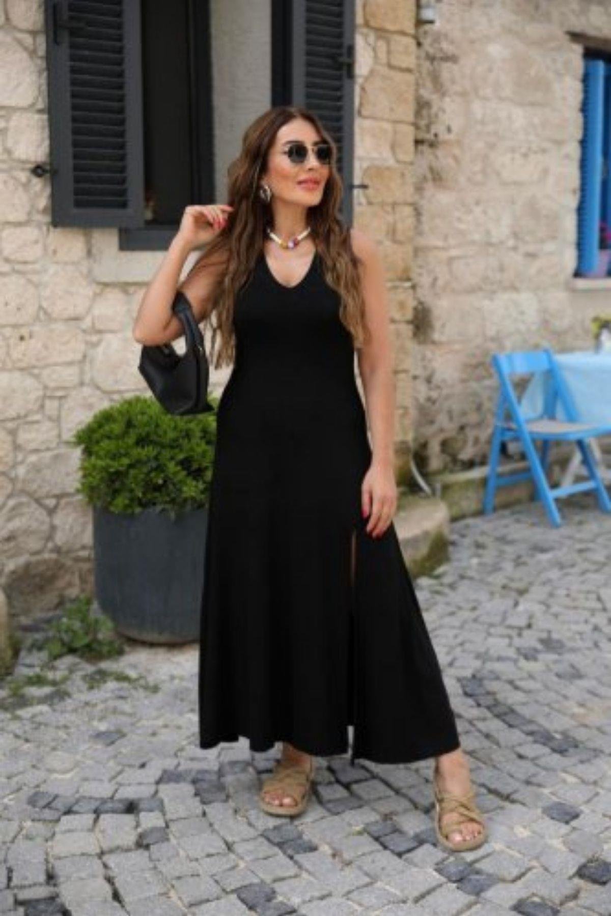 Kalın Askılı V Yaka Yırtmaçlı Viskon Elbise Siyah