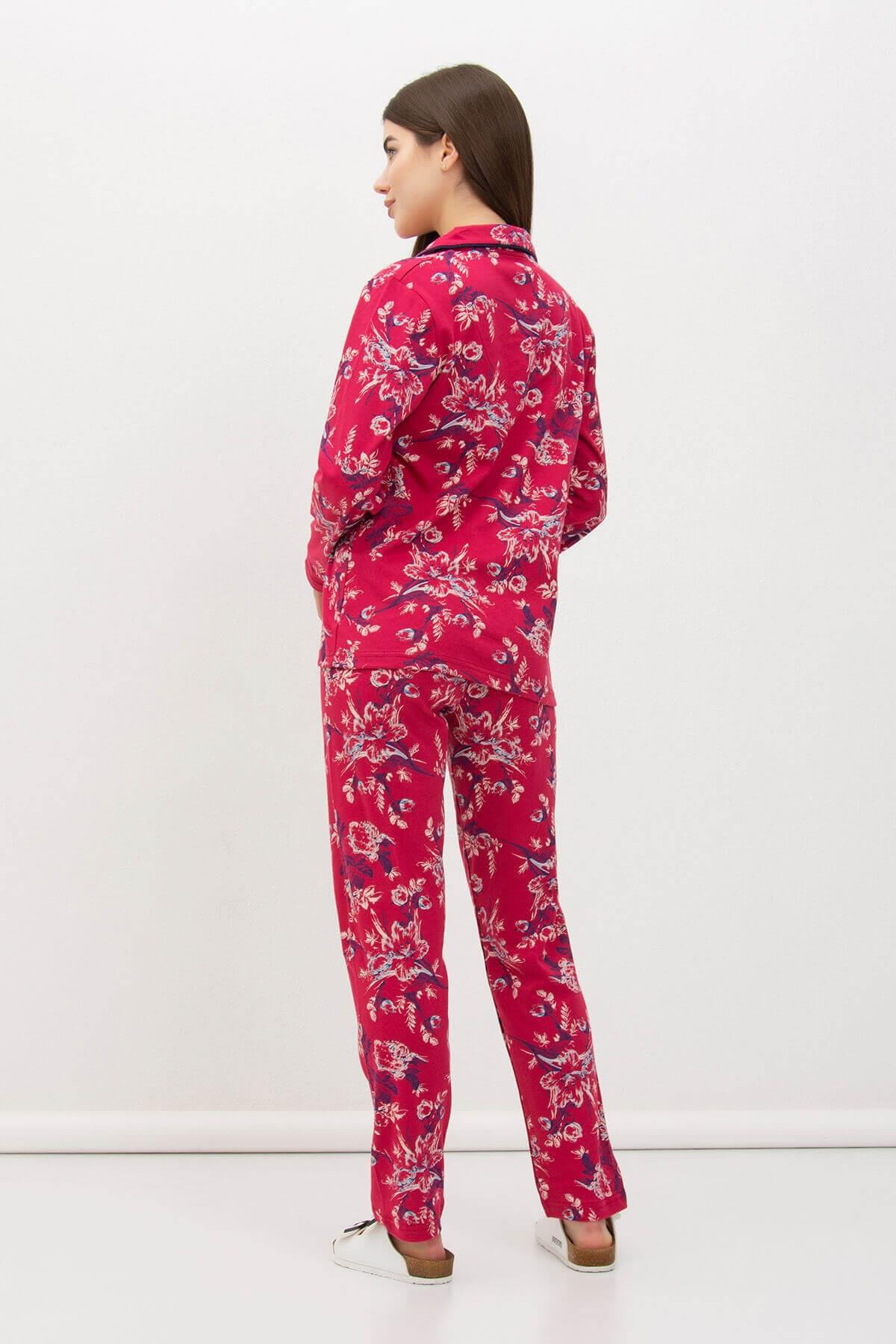 Kalın Pamuklu Düğmeli Çiçekli Pijama Takımı