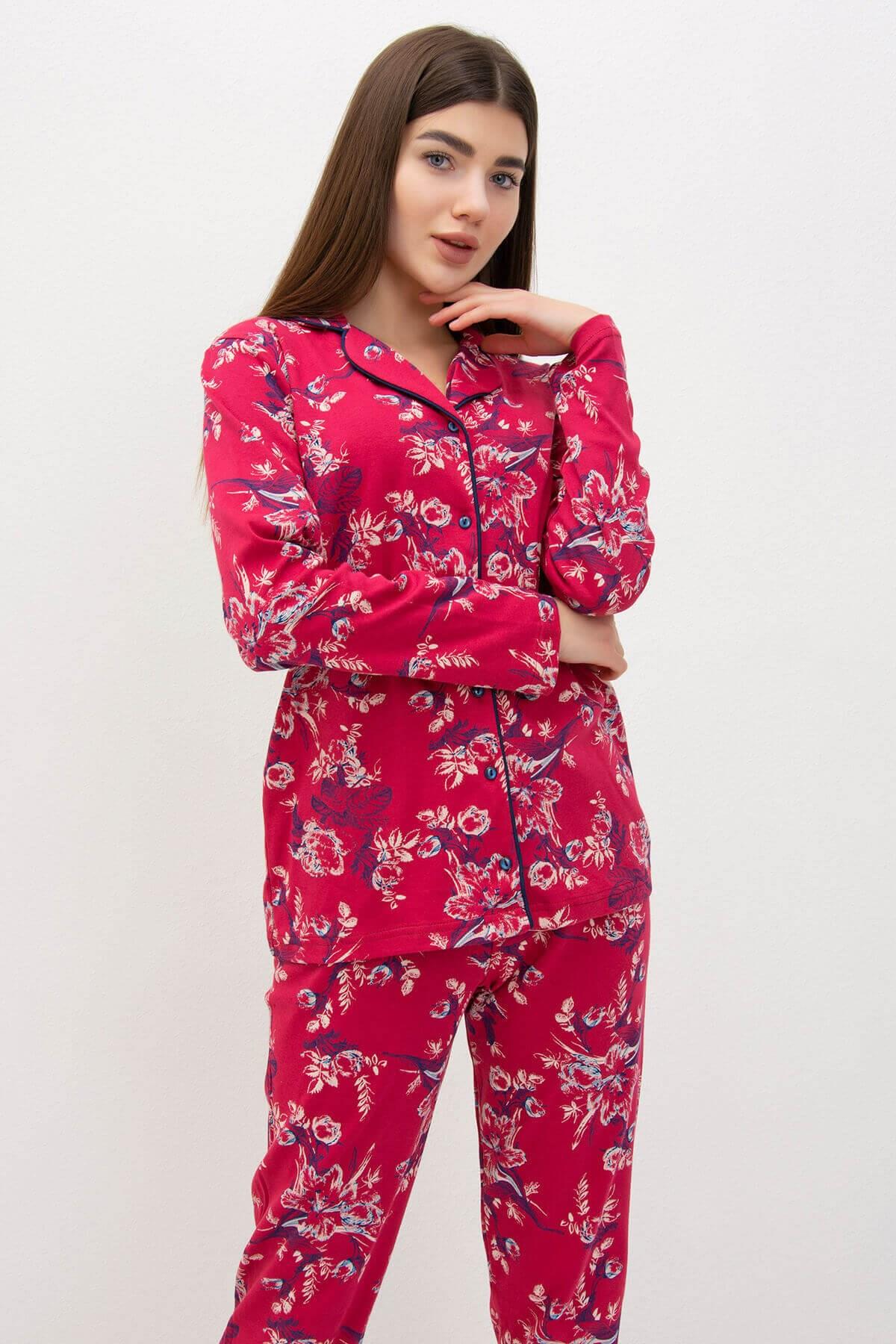 Kalın Pamuklu Düğmeli Çiçekli Pijama Takımı